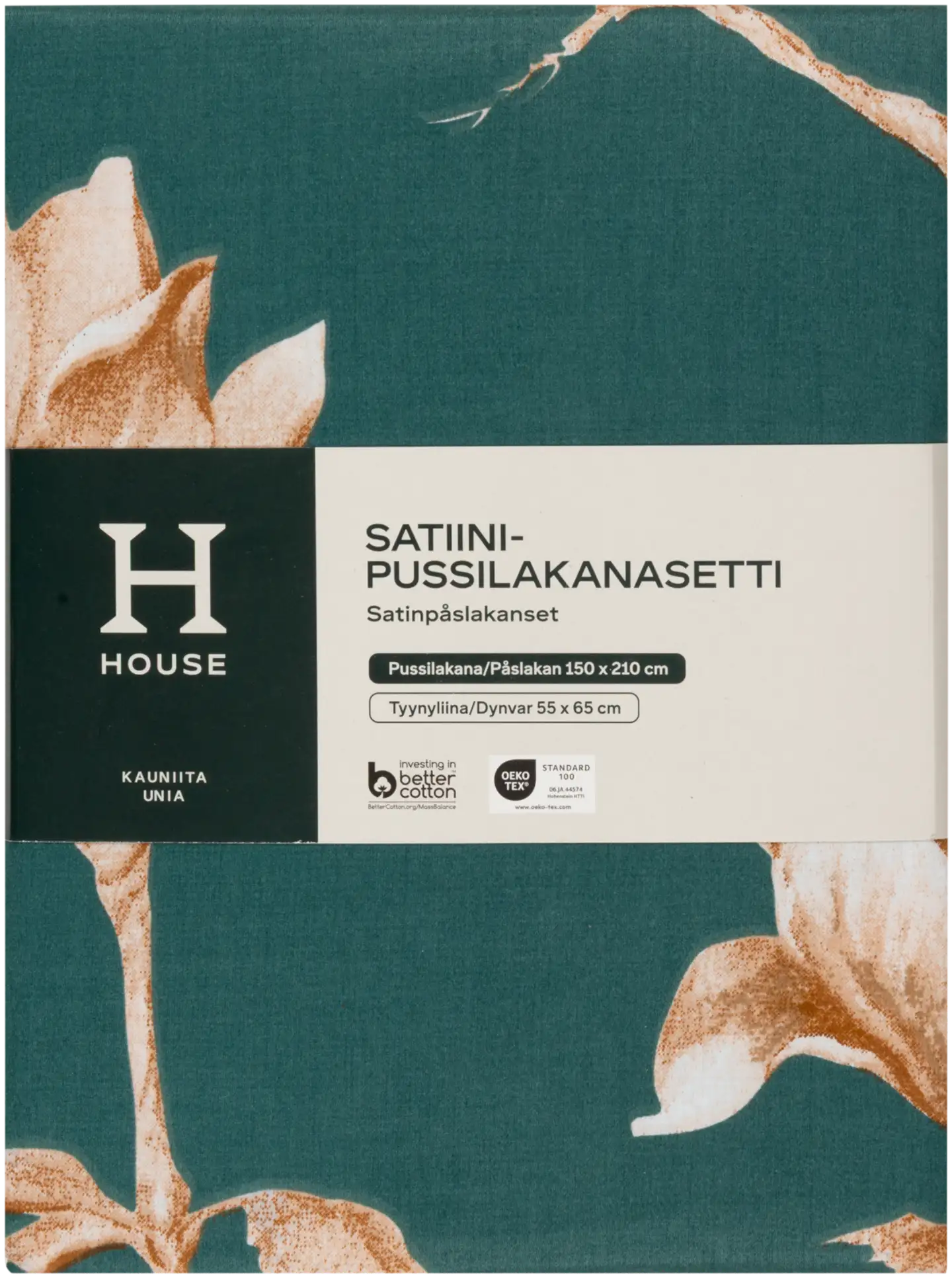 House satiinipussilakanasetti Blomster 150 x 210 cm + 55 x 65 cm tummanvihreä - 2