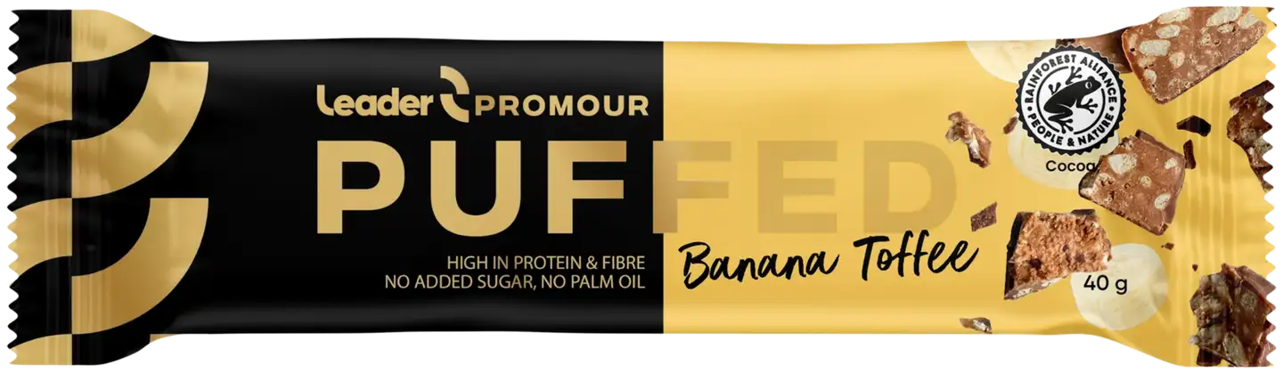 Leader Promour Puffed Banana-Toffee banaanin- ja toffeenmakuinen riisisuklaaproteiinipatukka 40 g