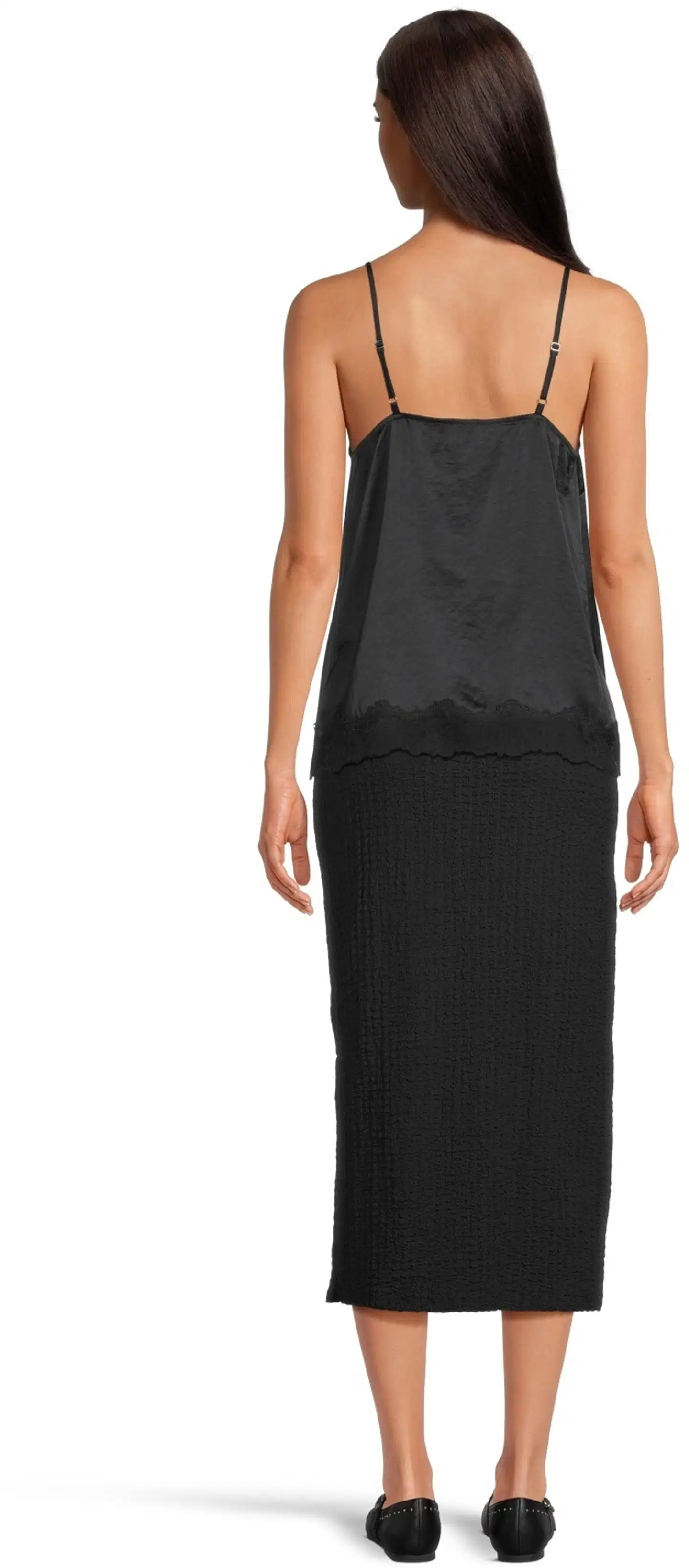 WKLY. Naisten satiini toppi, pitsisomisteet pääntiellä ja helmassa, säädettävä olkain - BLACK - 3