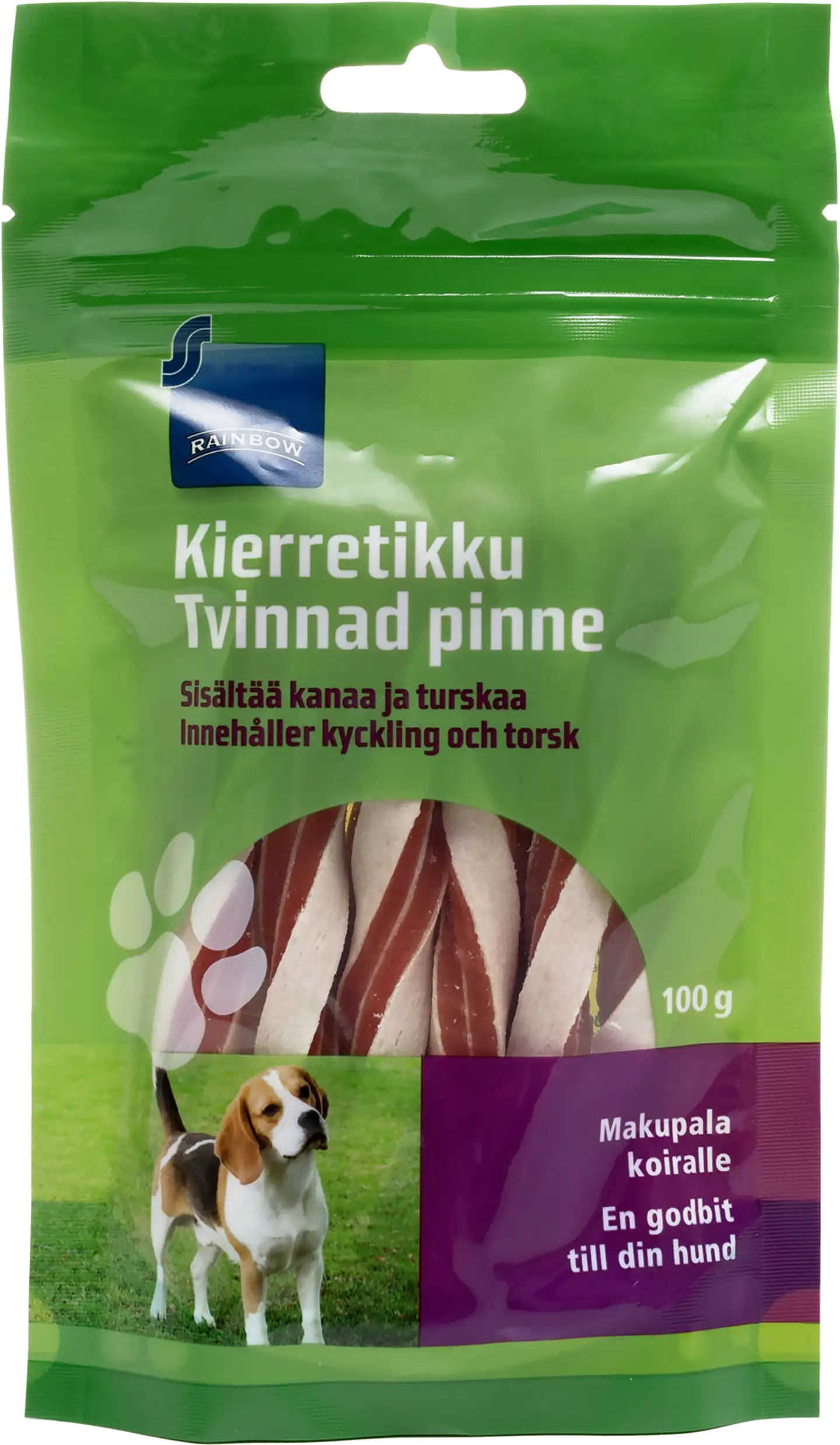 Rainbow 100g kierretikku koiralle, sisältää kanaa ja turskaa