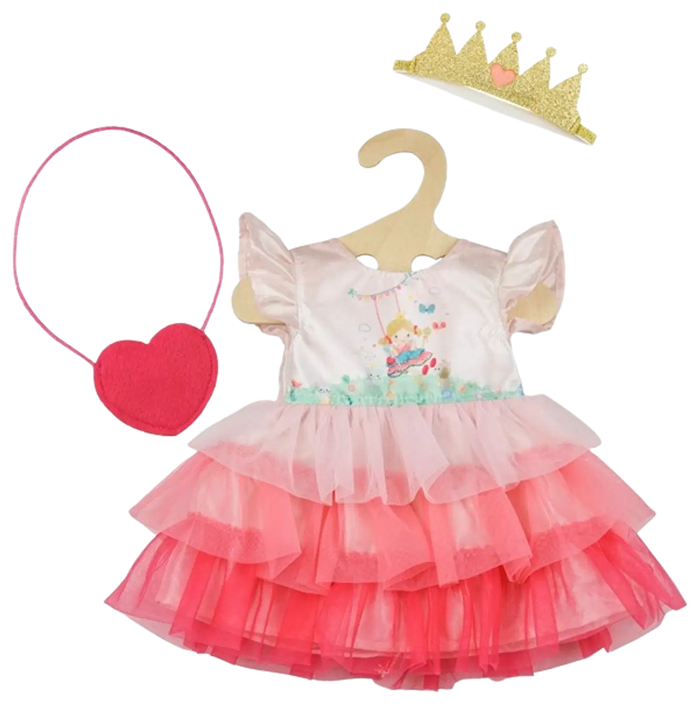 Nuken röyhelömekko, laukku ja kruunu, 35-45 cm nukelle