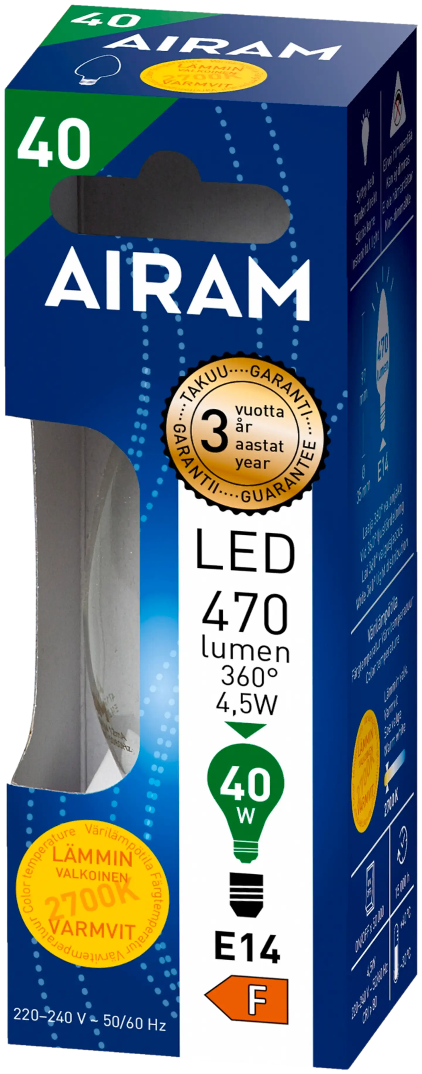 Airam LED-kynttilälamppu 4,5W E14 470LM 2700K - 2