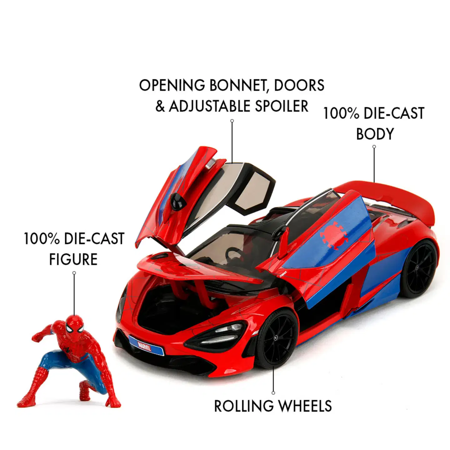 Jada - Marvel Spider-Man McLaren 720S 1:24, 19 cm auto ja Spider-Man hahmo, die-cast - 11