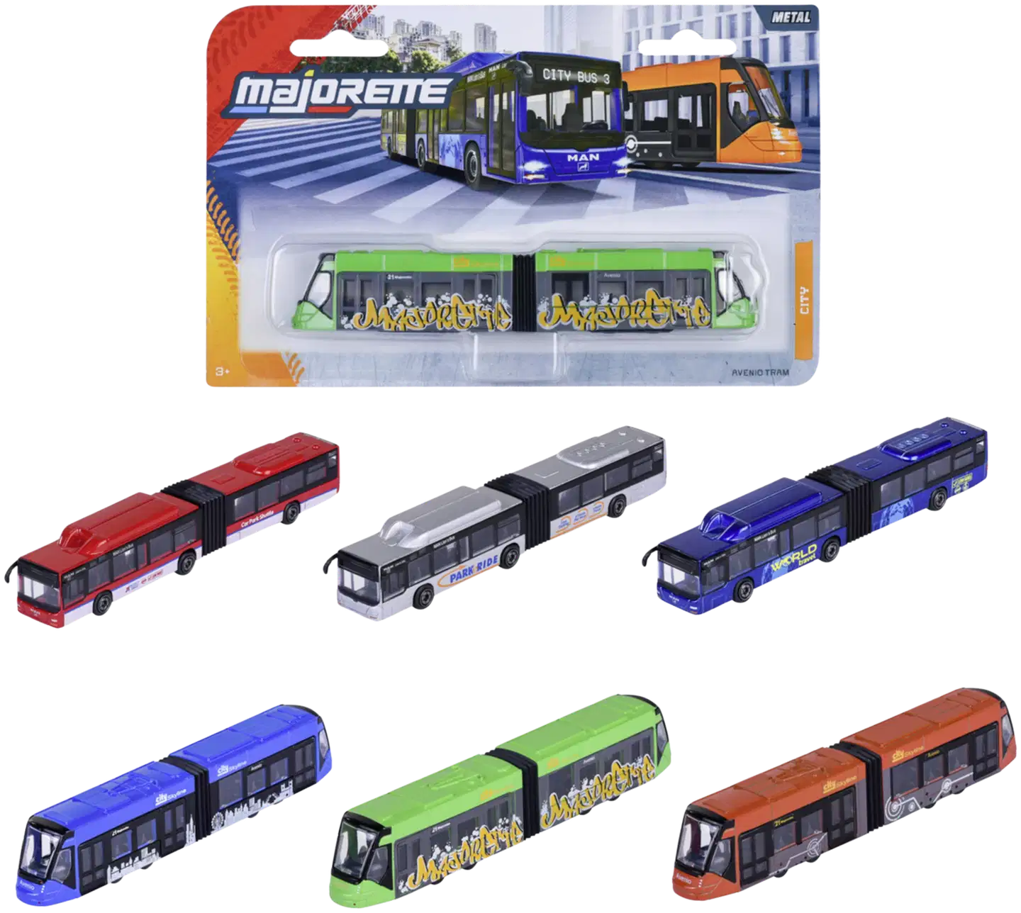 Majorette MAN linja-auto tai Avenio raitiovaunu, 20 cm, metallivalettu, die-cast runko, lajitelma, useita erilaisia, myydään yksittäin - 1