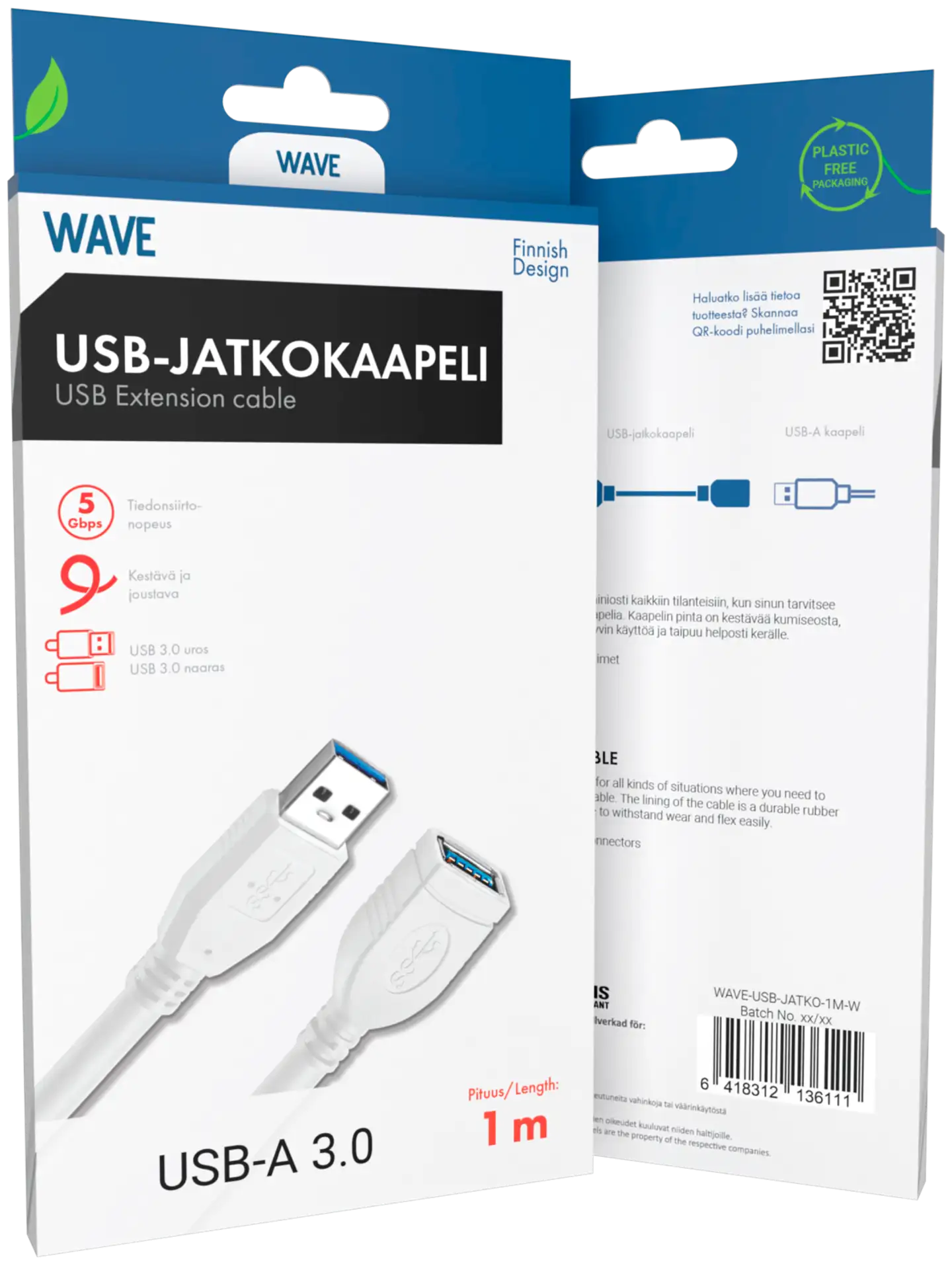 Wave USB3.0 (USB-A uros - USB-A naaras) jatkokaapeli, 1m, Valkoinen - 2