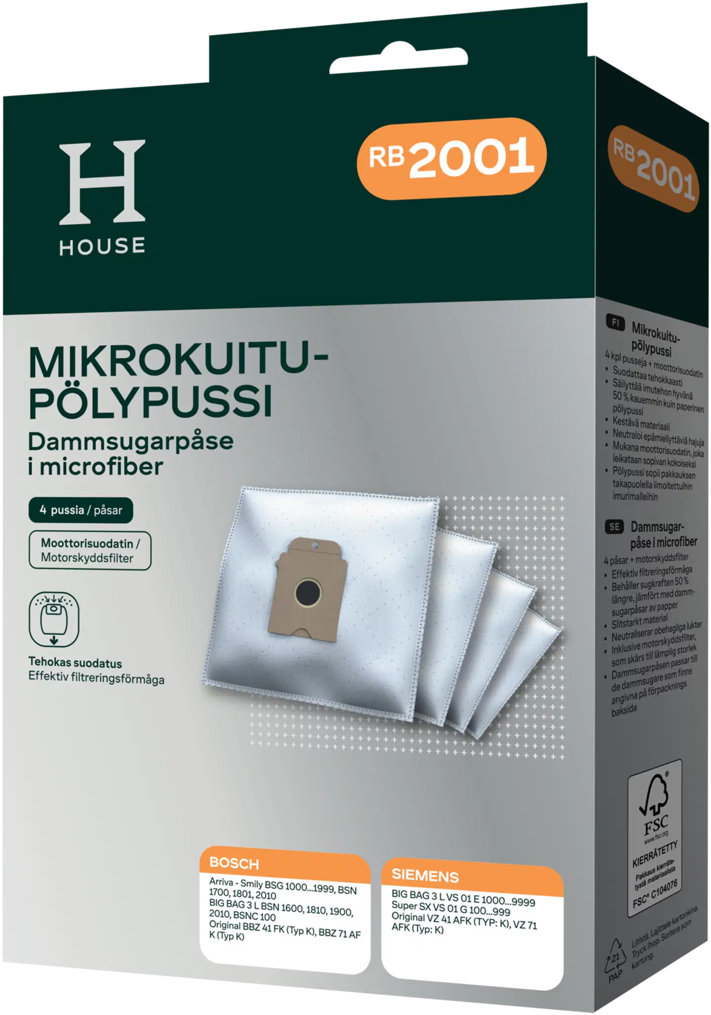 House RB2001 pölypussi 4 kpl + moottorisuodatin - 1
