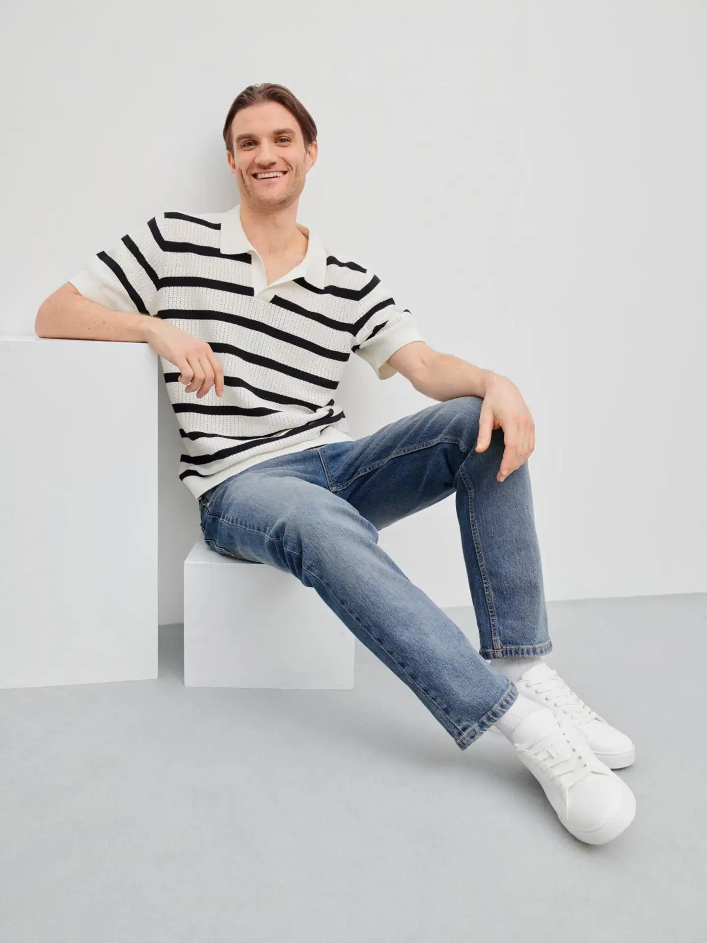 WKLY. miesten lyhythihainen neulepaita 195W152609 - Off white-black stripe - 5