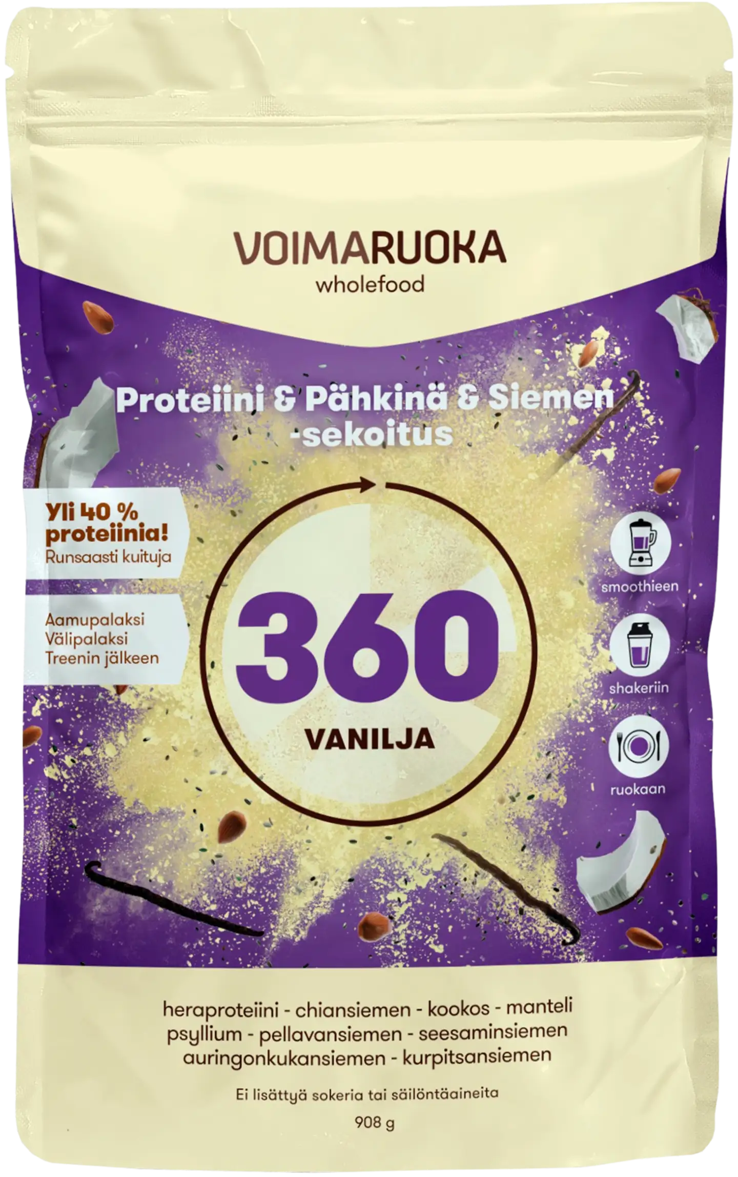 Voimaruoka 360 Wholefood vaniljan makuinen proteiini-siemensekoitus 908g