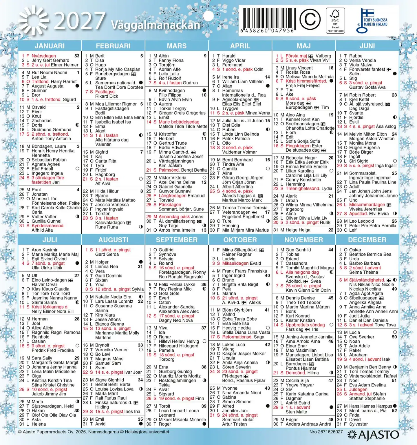 Ajasto seinäkalenteri Seinäalmanakka/Väggalmanackan - 3