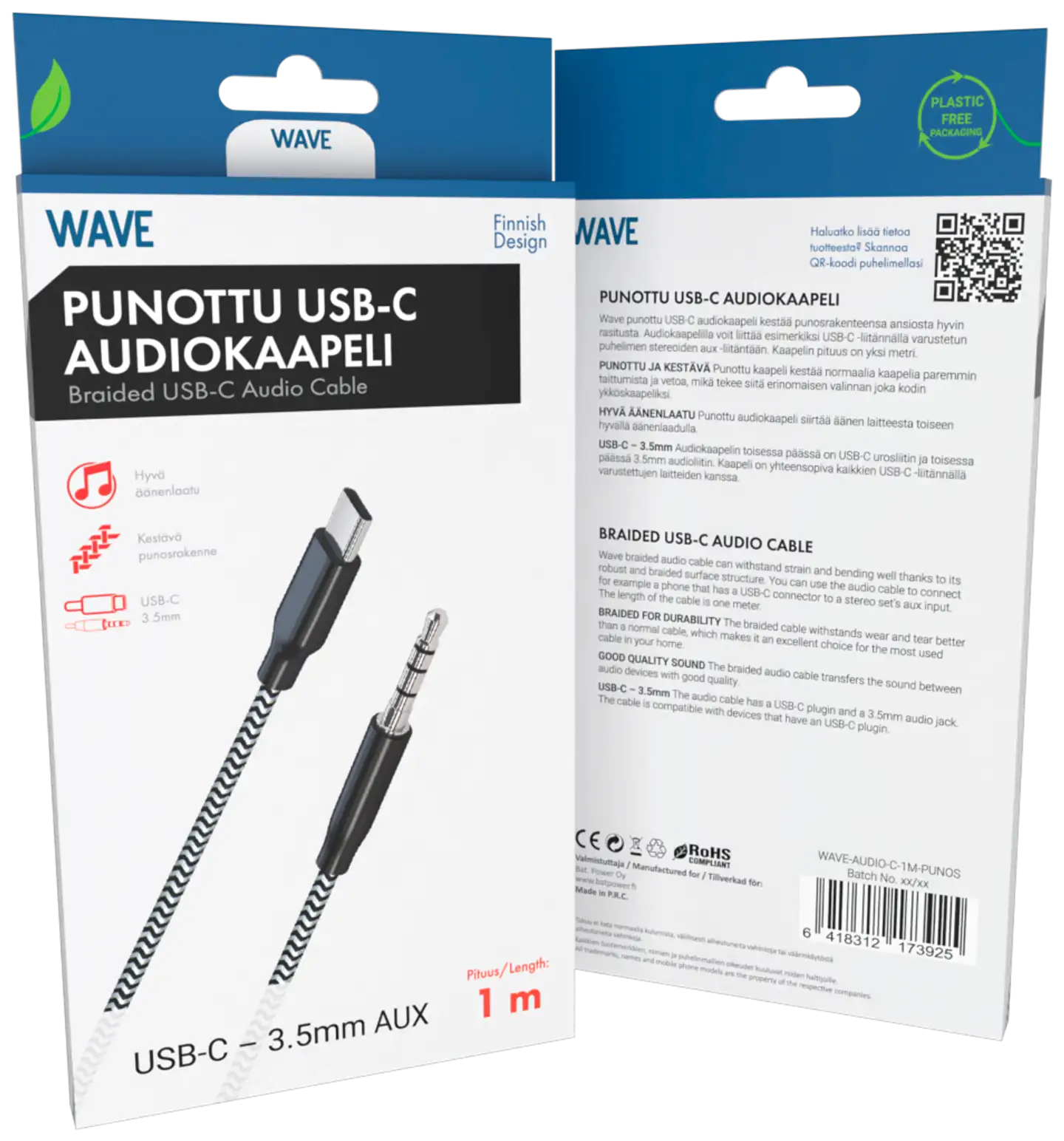 Wave Punottu audiokaapeli USB Type-C -> 3,5mm, 1m, Mustavalkoinen - 2