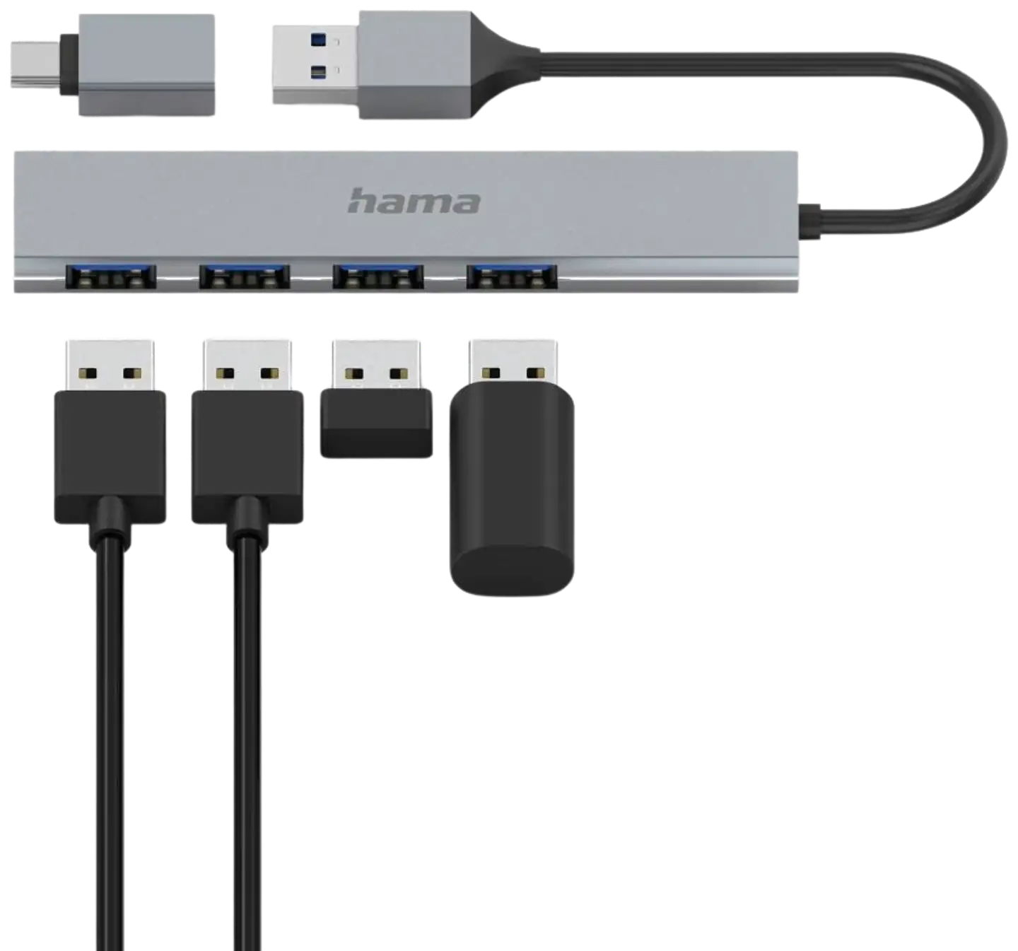 Hama USB-hubi, 4-porttinen, USB-A uros, USB-C adapteri, 4 x USB-A, USB 3.2 Gen 1, 5 Gbit/s, Ultra-slim, 0,15 m - 4