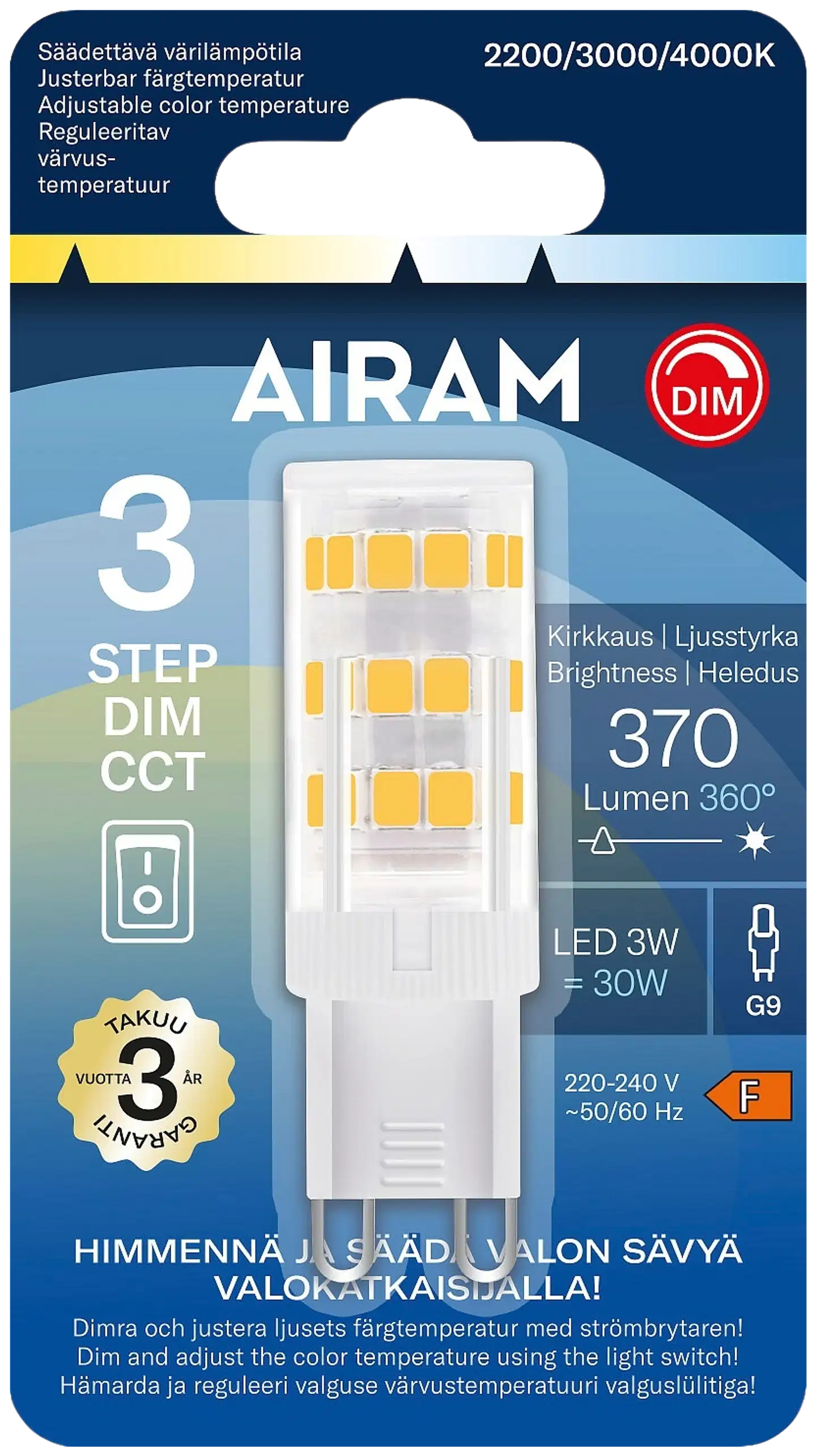 Airam LED polttimo 3-step color kirkas G9 2200K-4000K 370lm - 2