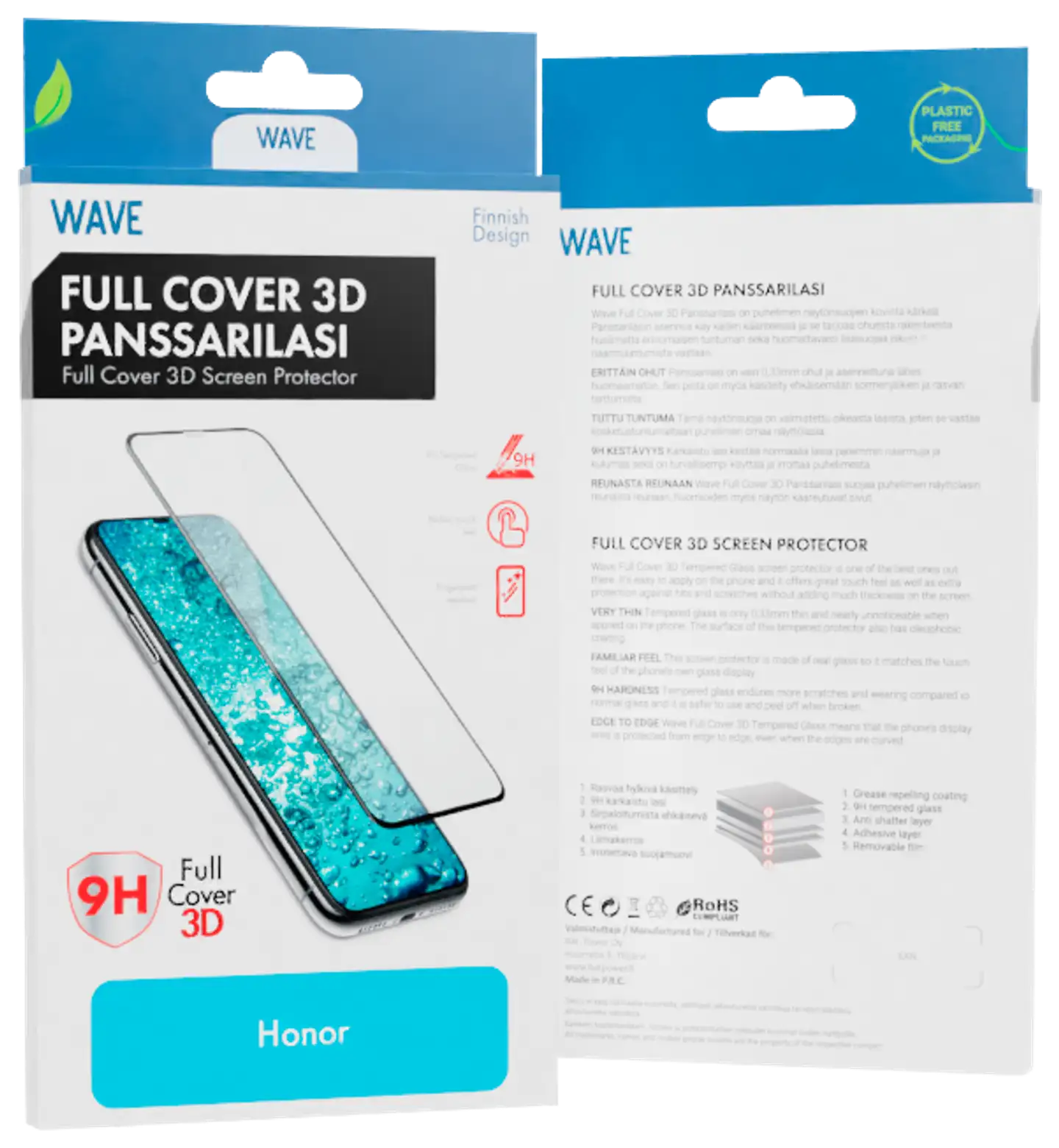 Wave Full Cover 3D Panssarilasi, Honor 70, Musta Kehys