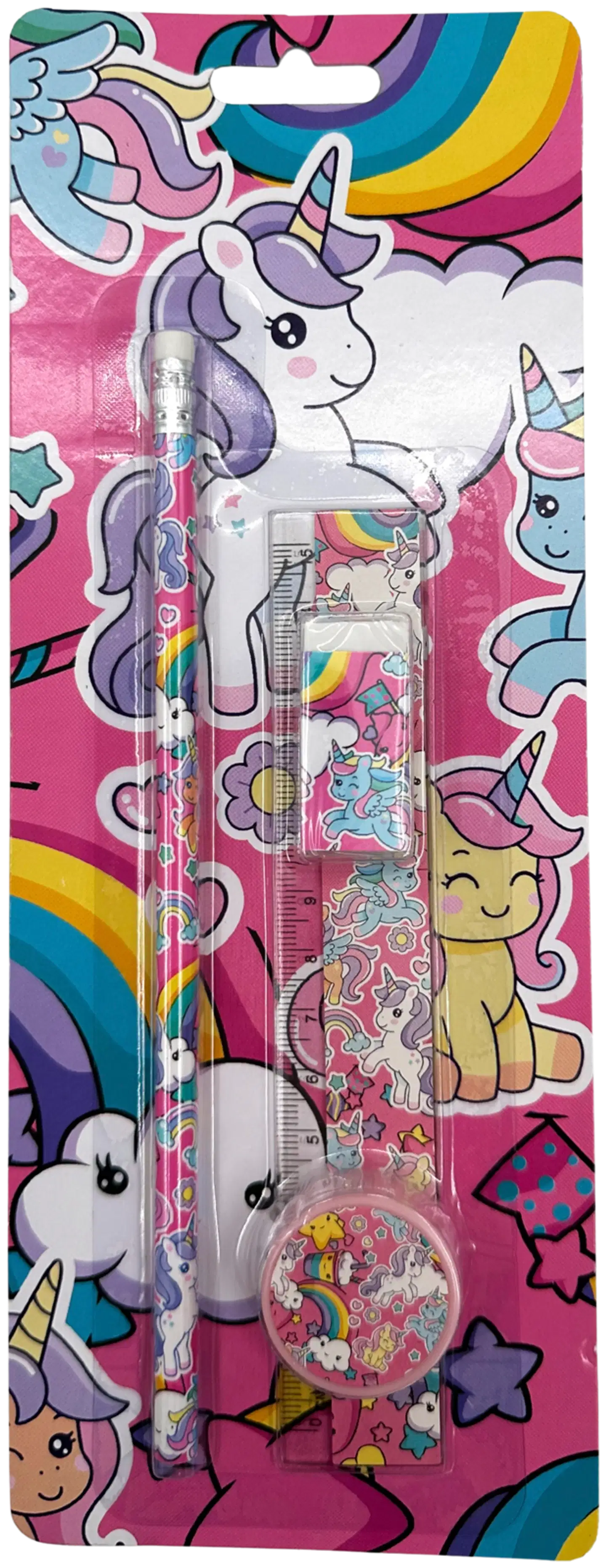 Sweet Unicorn 4 os. kirjoitussetti, sis. Viivain, lyijykynä, pyyhekumi, teroitin