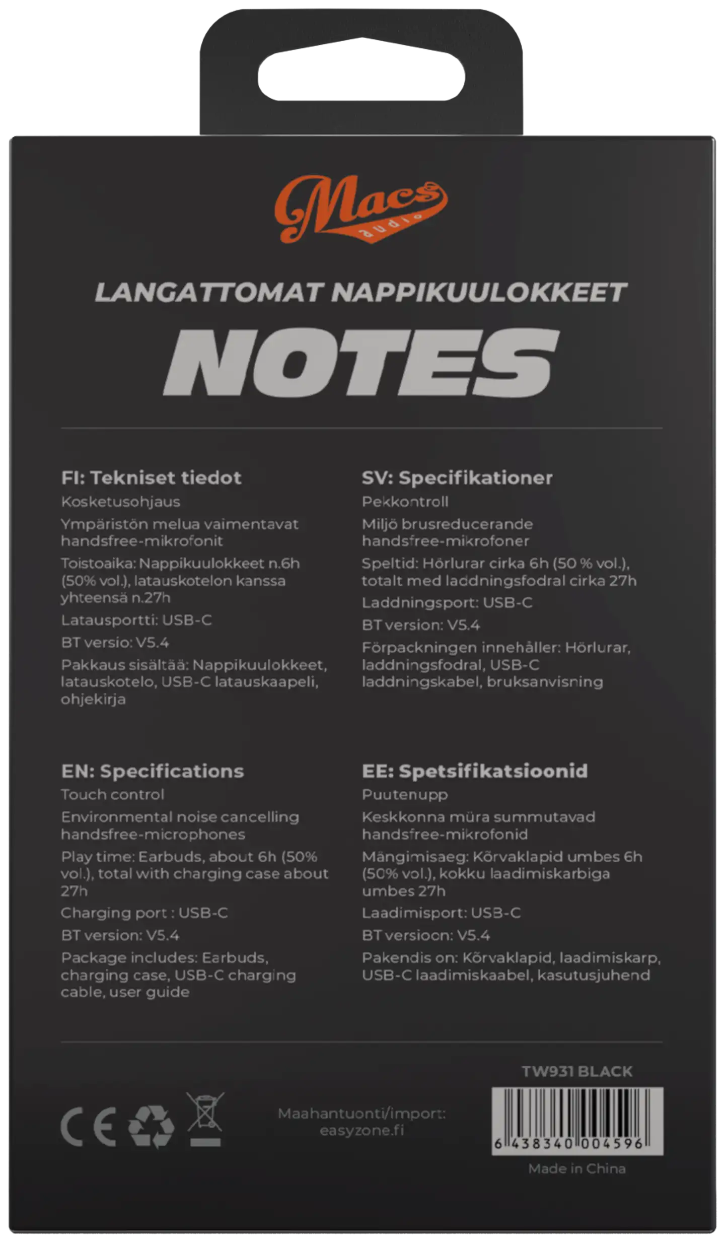 Macs langattomat nappikuulokkeet Notes musta - 4