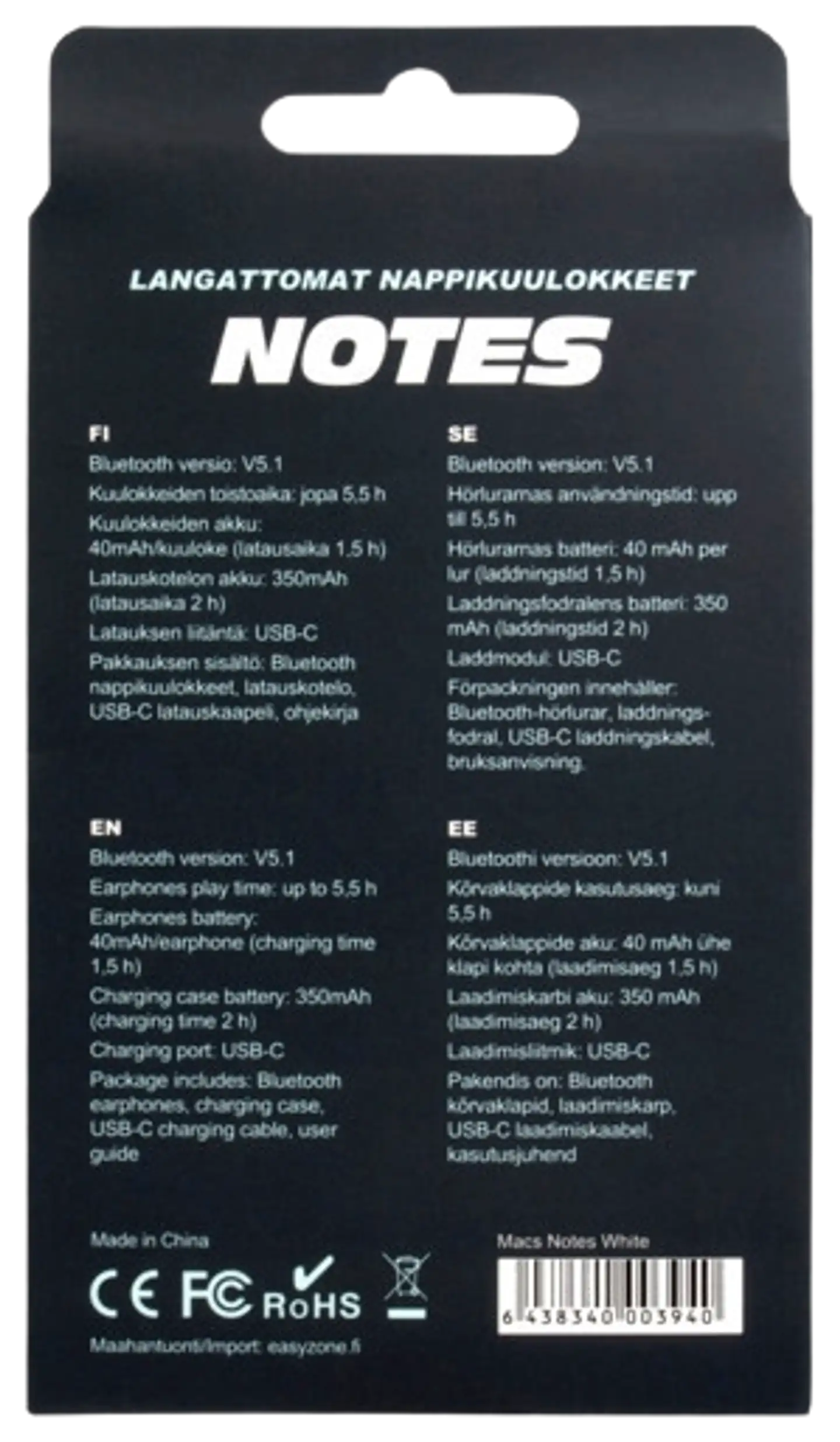 Macs Bluetooth nappikuulokkeet Notes valkoinen - 5