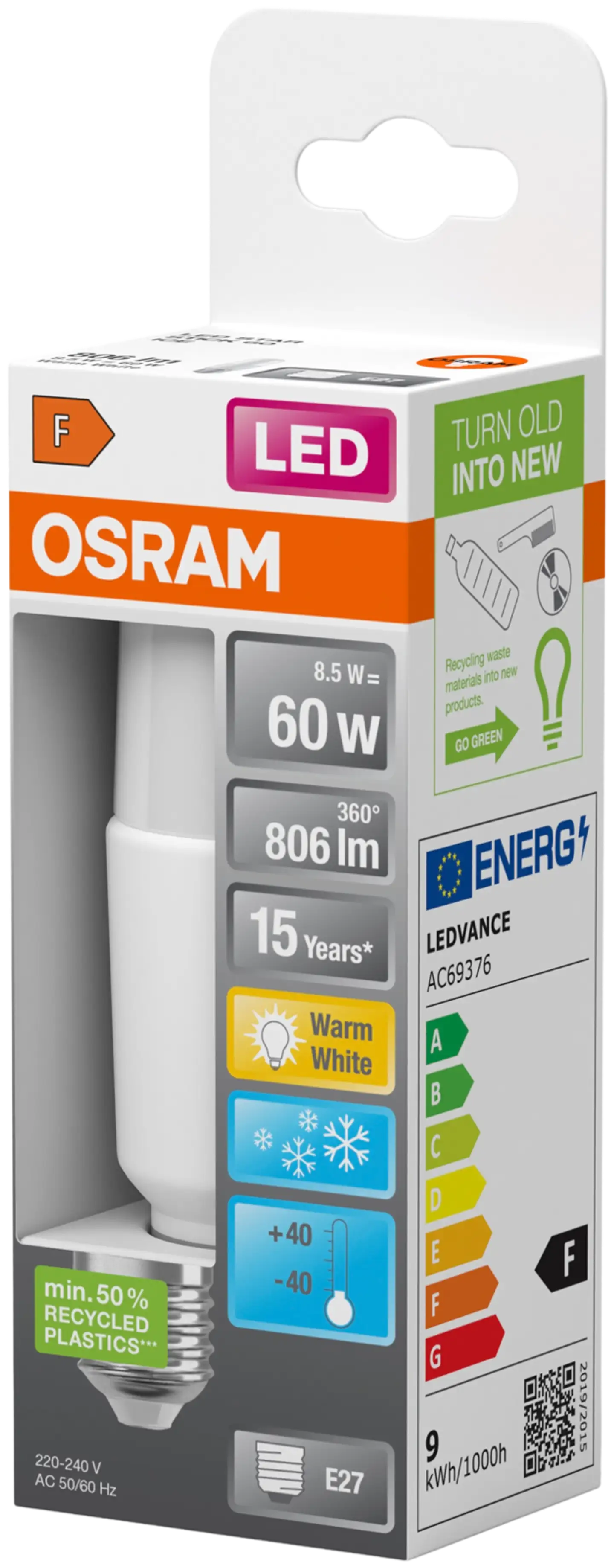 OSRAM LED-pakkaslamppu Star Stick 8W 806lm 2700K E27 muovi - 2