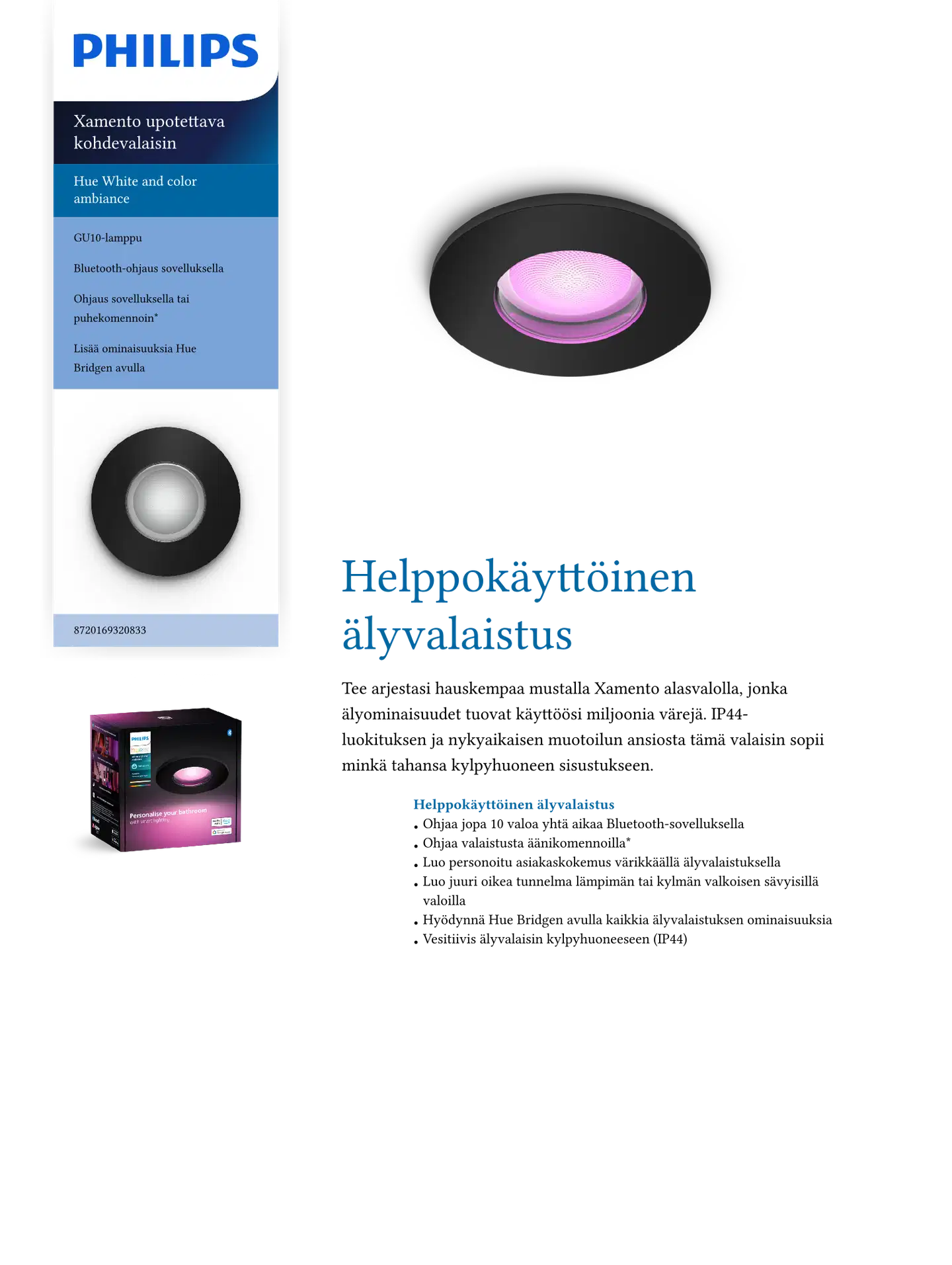 Philips Hue Xamento -upotettu alasvalo kylpyhuoneeseen 4.2W 2000-6500K 400LM musta - 4