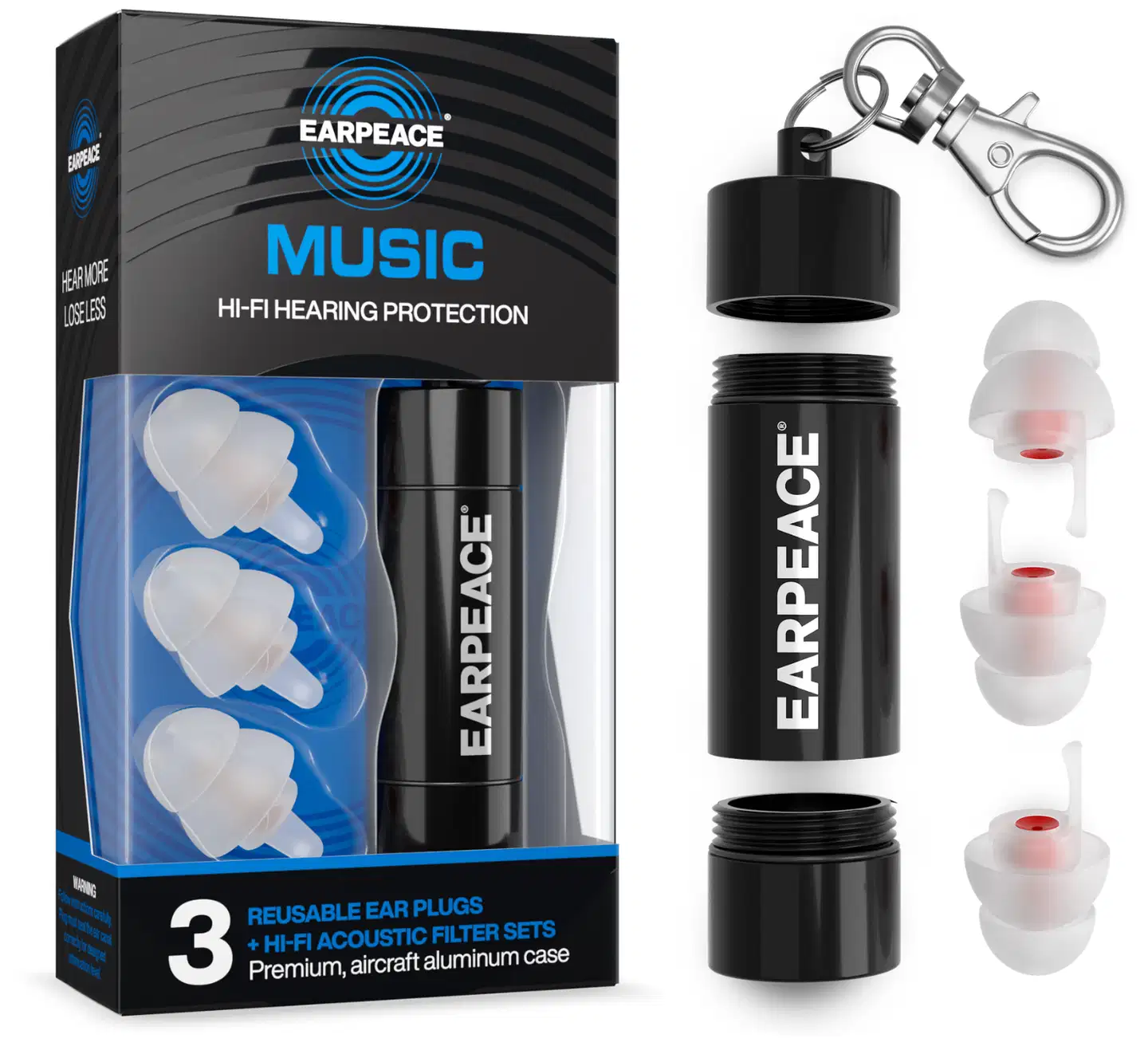 Earpeace kuulosuojaimet, 3 valinnaista vaimennusta (Medium 17dB, High 20dB ja Max 26dB). Mukana alumiinisäiliö tulppien säilytystä varten. - 1