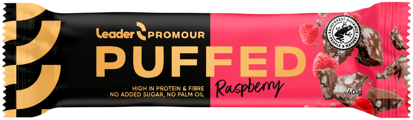 Leader Promour Puffed Raspberry riisisuklaaproteiinipatukka 40 g