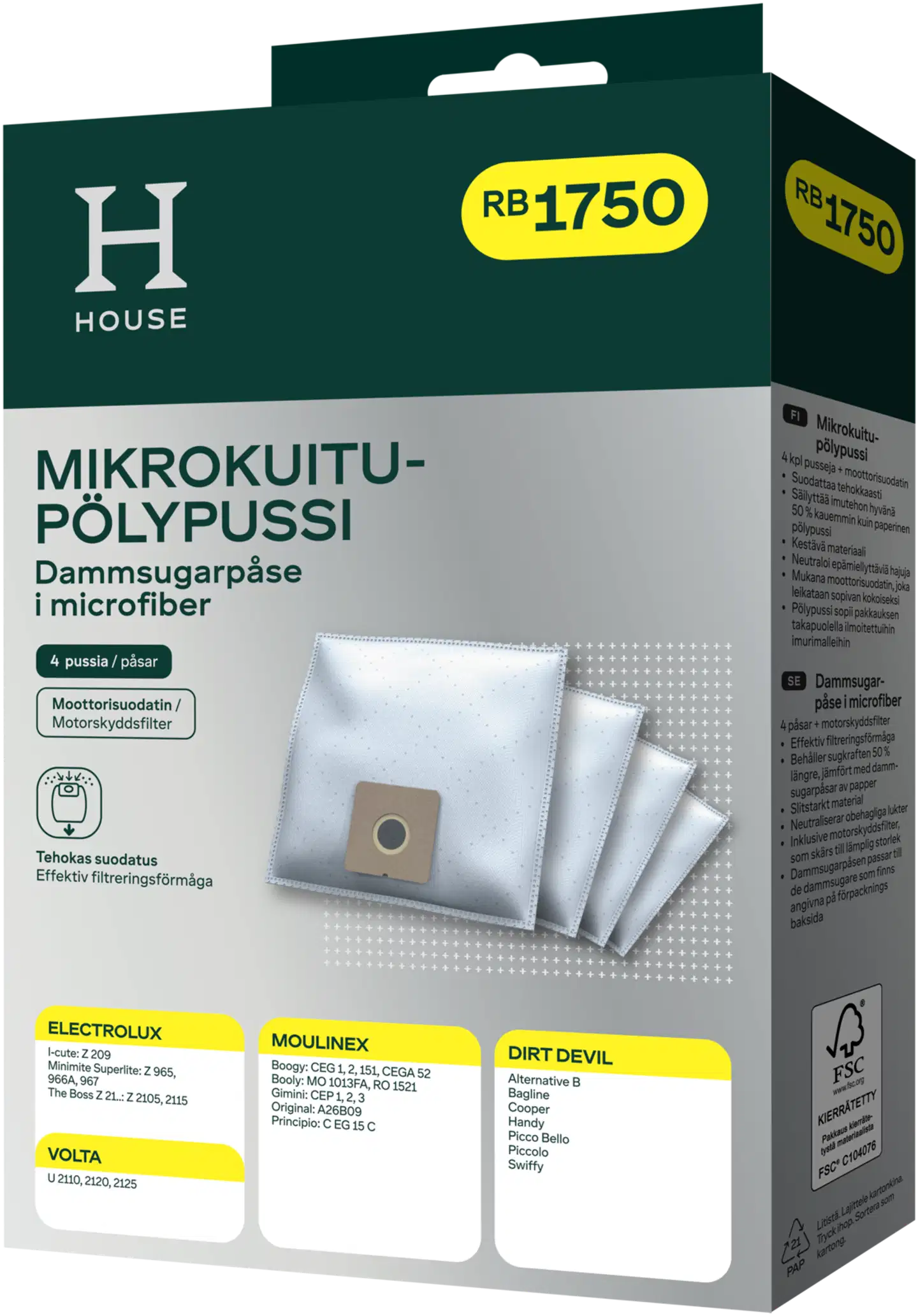 House RB1750 pölypussi 4 kpl + moottorisuodatin - 1