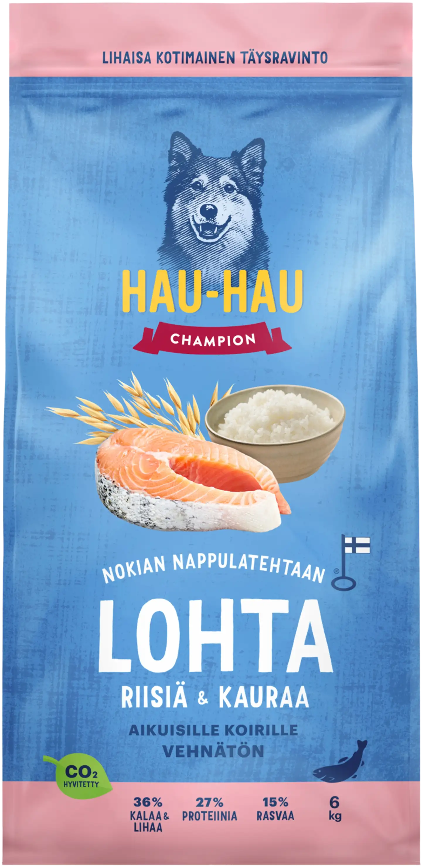 Hau-Hau Champion Nokian Nappulatehtaan Lohta, riisiä & kauraa täysravinto aikuisille koirille 6 kg