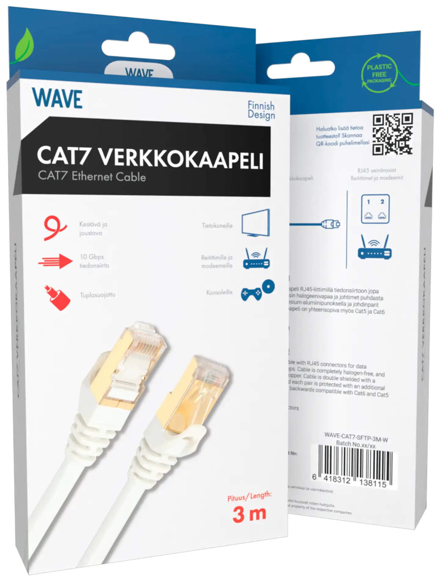Wave S/FTP CAT7 10Gbit Ethernet LSZH parikaapeli, 3m, Valkoinen - 2