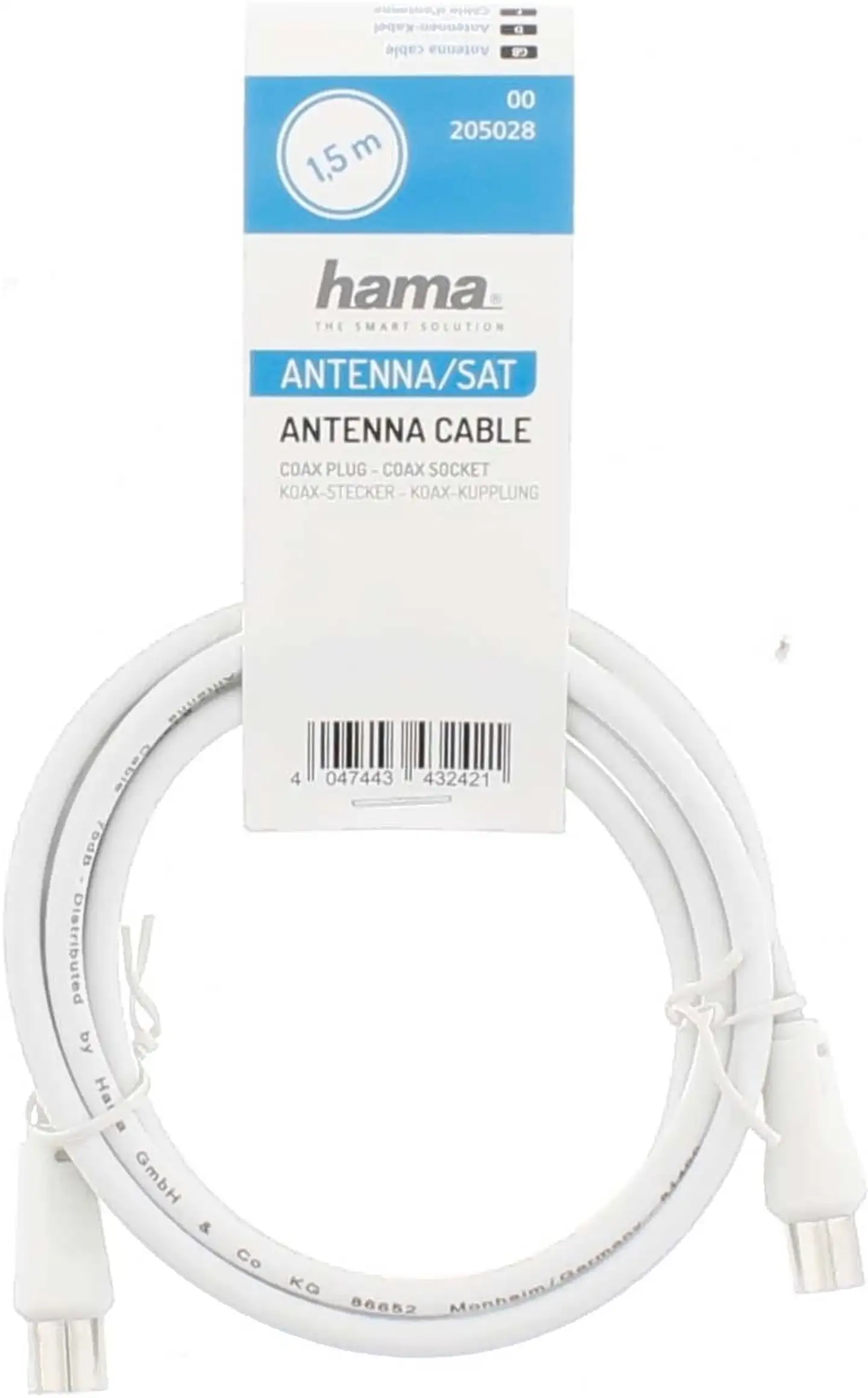 Hama Antennijohto, Coax uros – Coax naaras, 1,5 m, 75 dB, valkoinen - 2