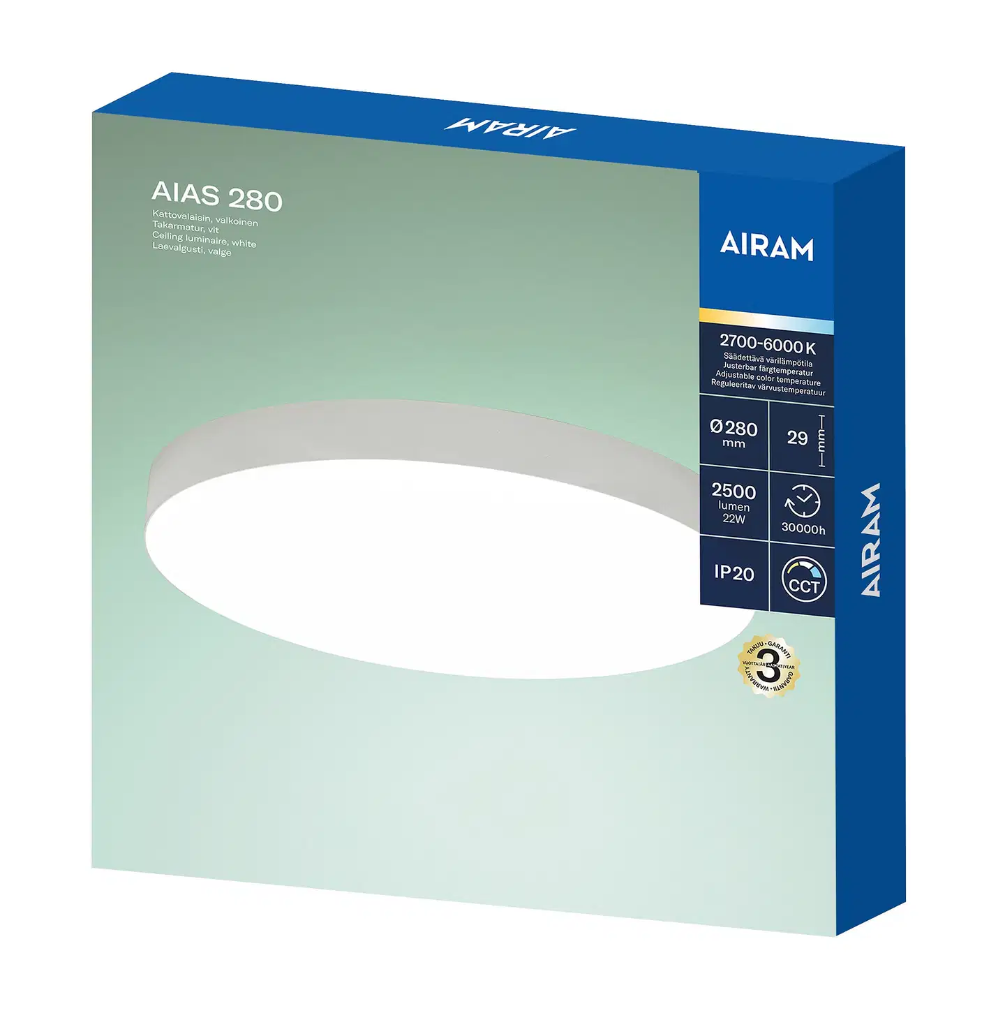 Airam Aias 280 plafondi 22W 2500lm IP20 CCT - 2