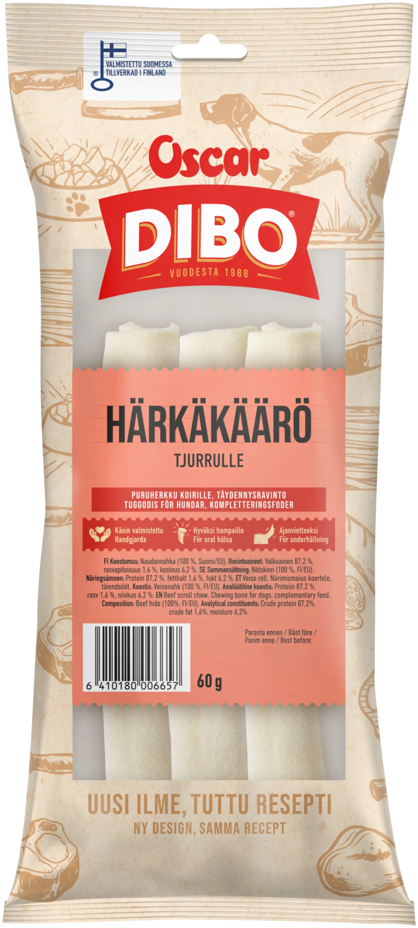 DIBO Härkäkäärö puruherkku 60 g (3 kpl), koirille