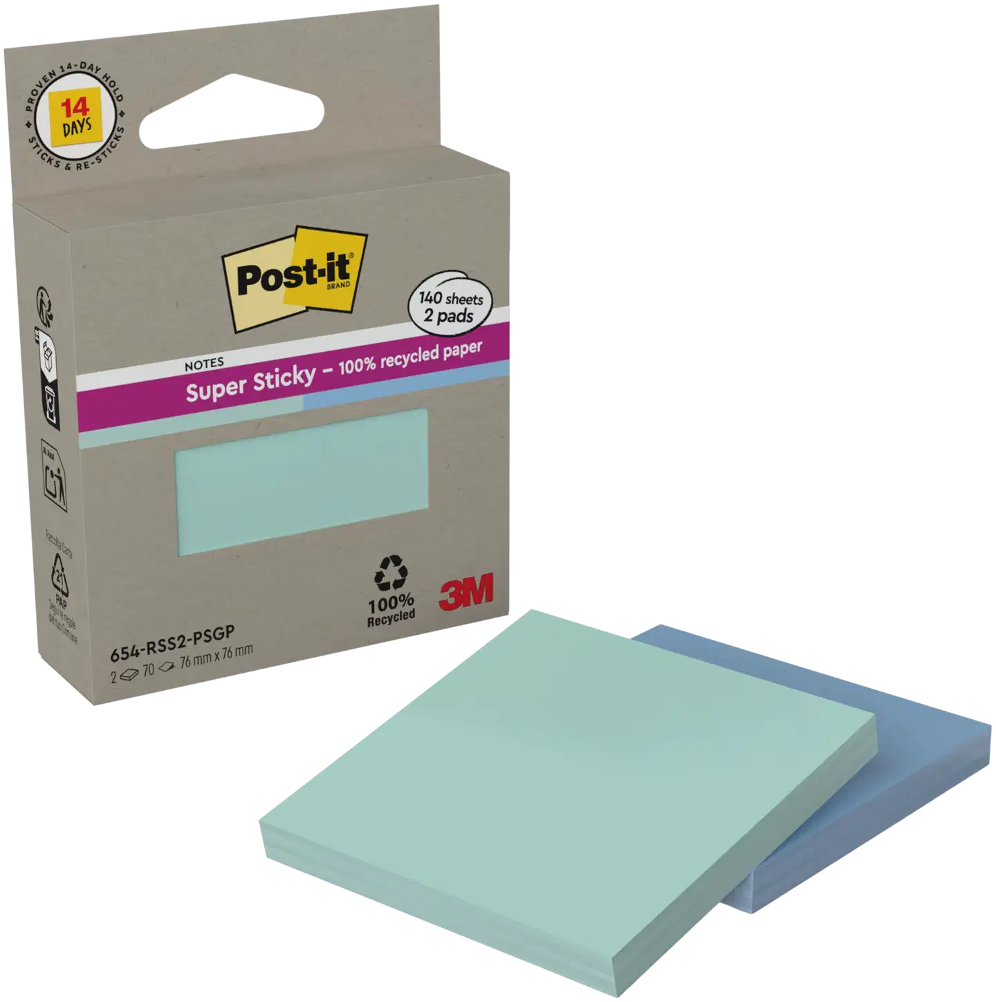 Post-it® Super Sticky 100% Recycled -viestilaput 654-RSS2-PSGP, mintunvihreä ja sininen, 76 mm x 76 mm, 70 viestilappua/lehtiö, 2 lehtiötä/pakkaus - 1
