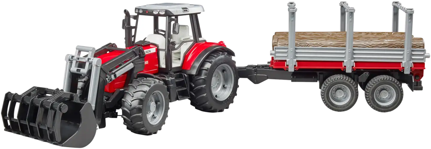 Bruder Massey Ferguson 7480 traktori etukuormaajalla ja metsäperävaunulla