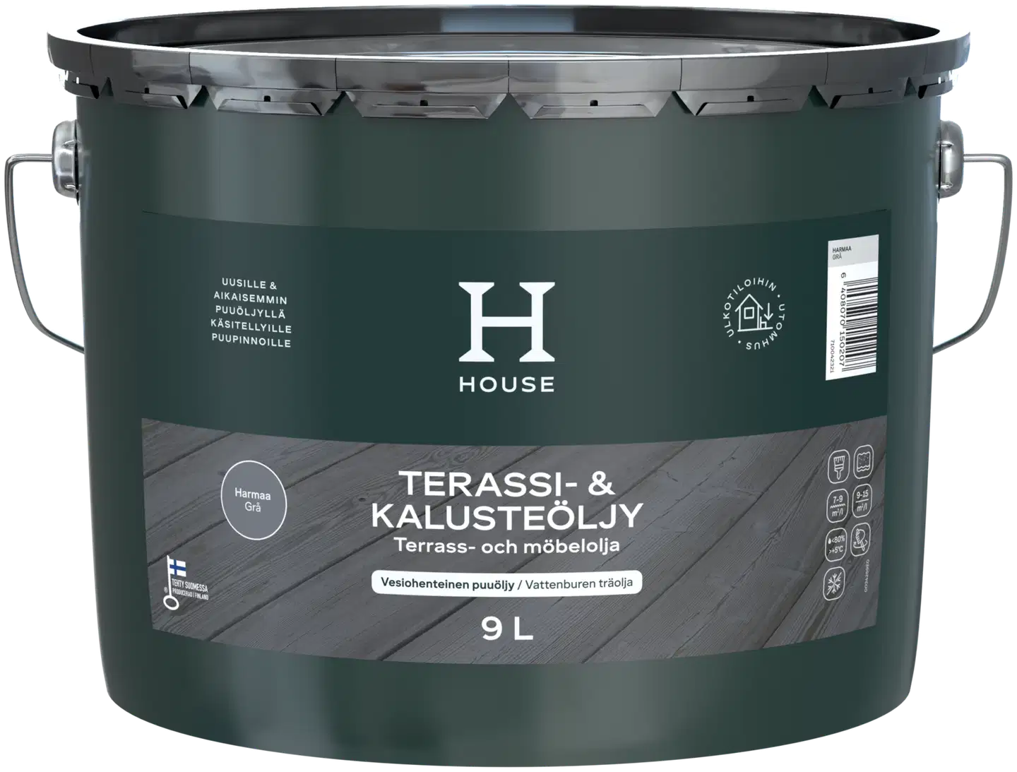 HOUSE Terassi- ja kalusteöljy 9L harmaa ulkokäyttöön