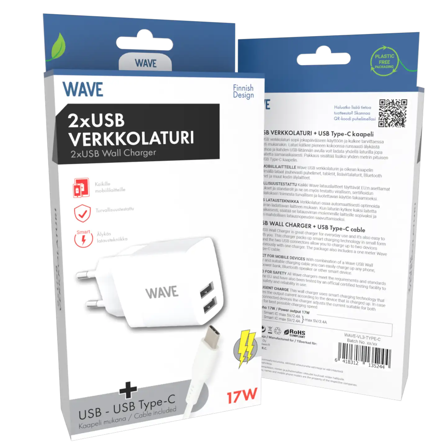 Wave 17 W verkkolaturi 2 x USB-A + USB Type-C -kaapeli valkoinen - 2