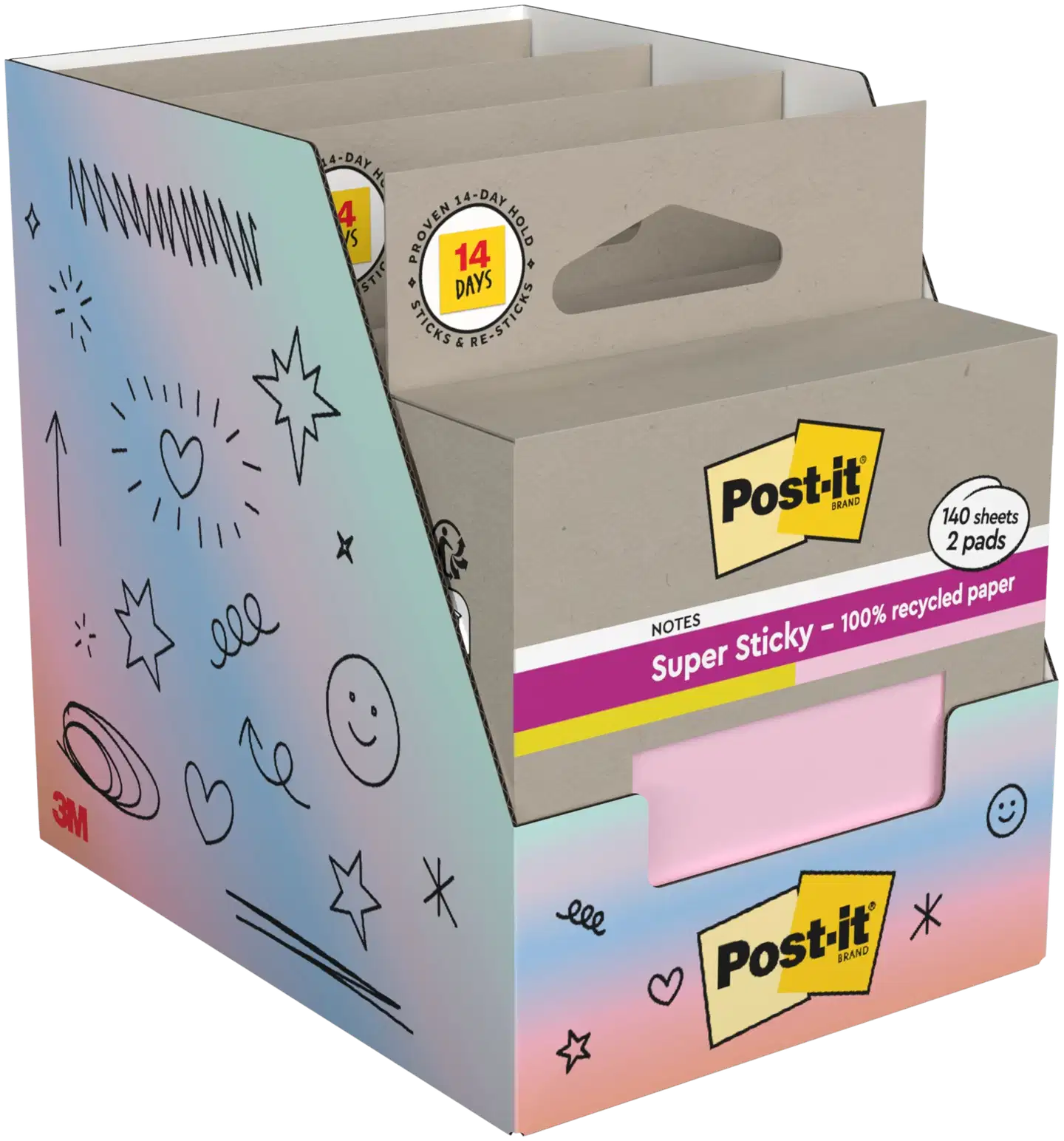 Post-it® Super Sticky 100% Recycled -viestilaput, 654-RSS2-PSYP, keltainen ja vaaleanpunainen, 76 mm x 76 mm, 70 viestilappua/lehtiö, 2 lehtiötä/pakkaus - 5