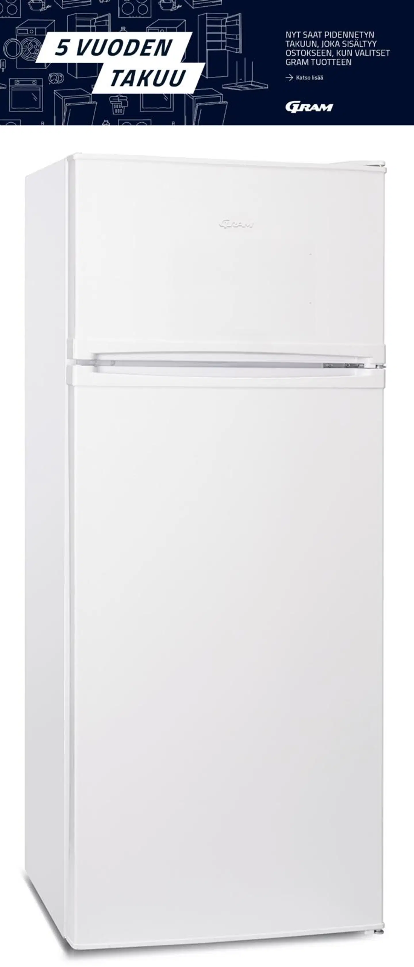 Gram jääkaappi pakastelokerolla KF 611454, korkeus 140cm, valkoinen - 2