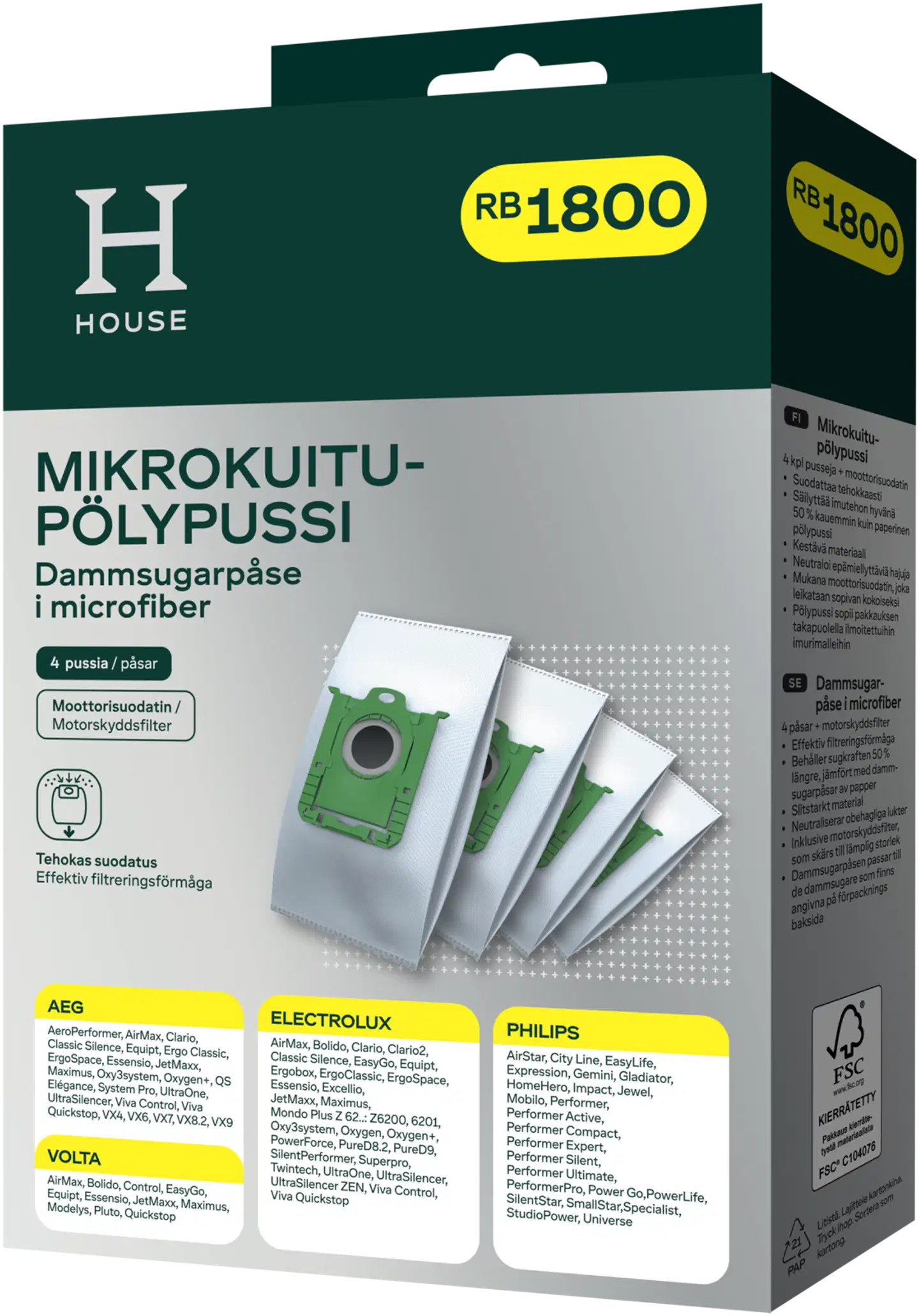 House RB1800 pölypussi 4 kpl + moottorisuodatin - 1