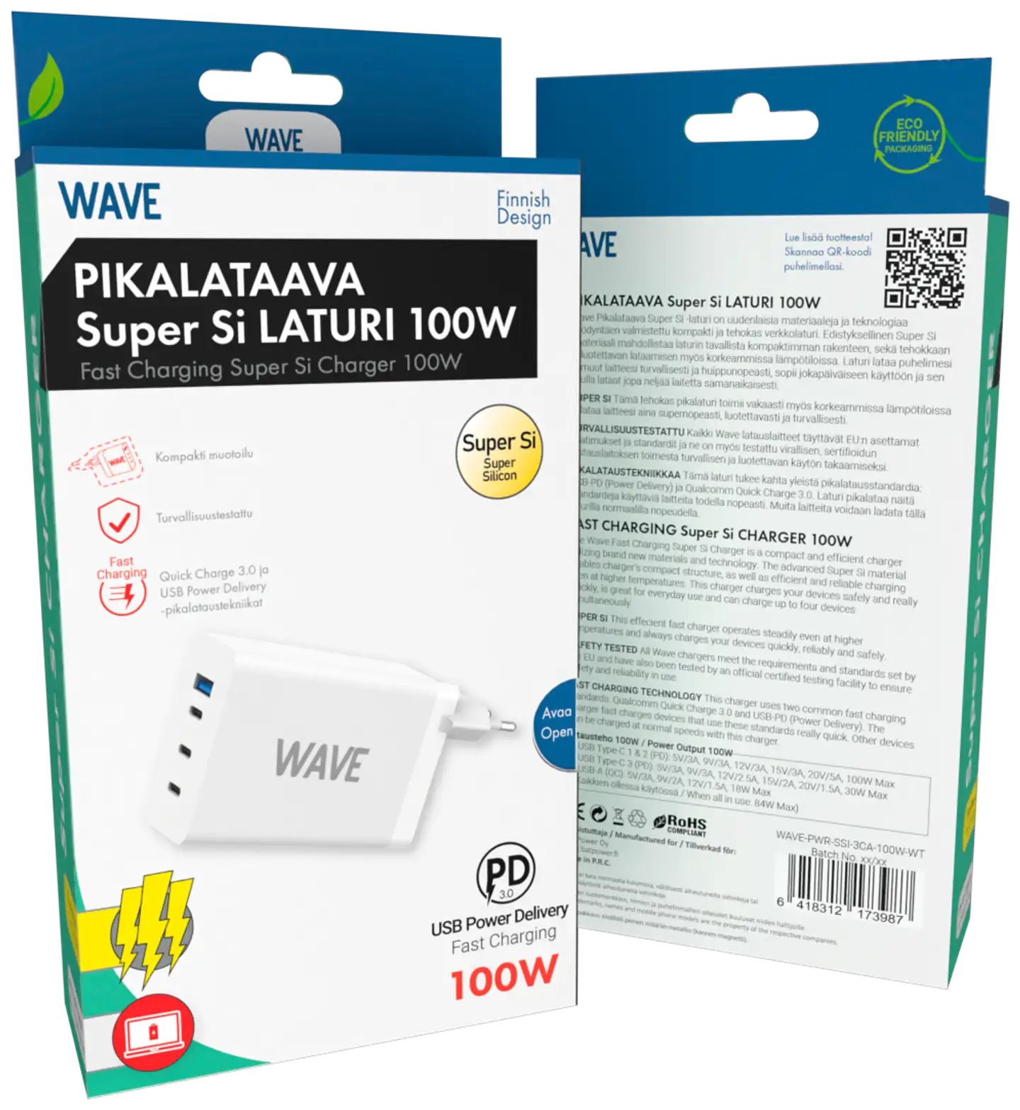 Wave 100W Pikalataava Super Si -verkkolaturi, 3 x USB Type-C + 1 x USB-A, Valkoinen - 4