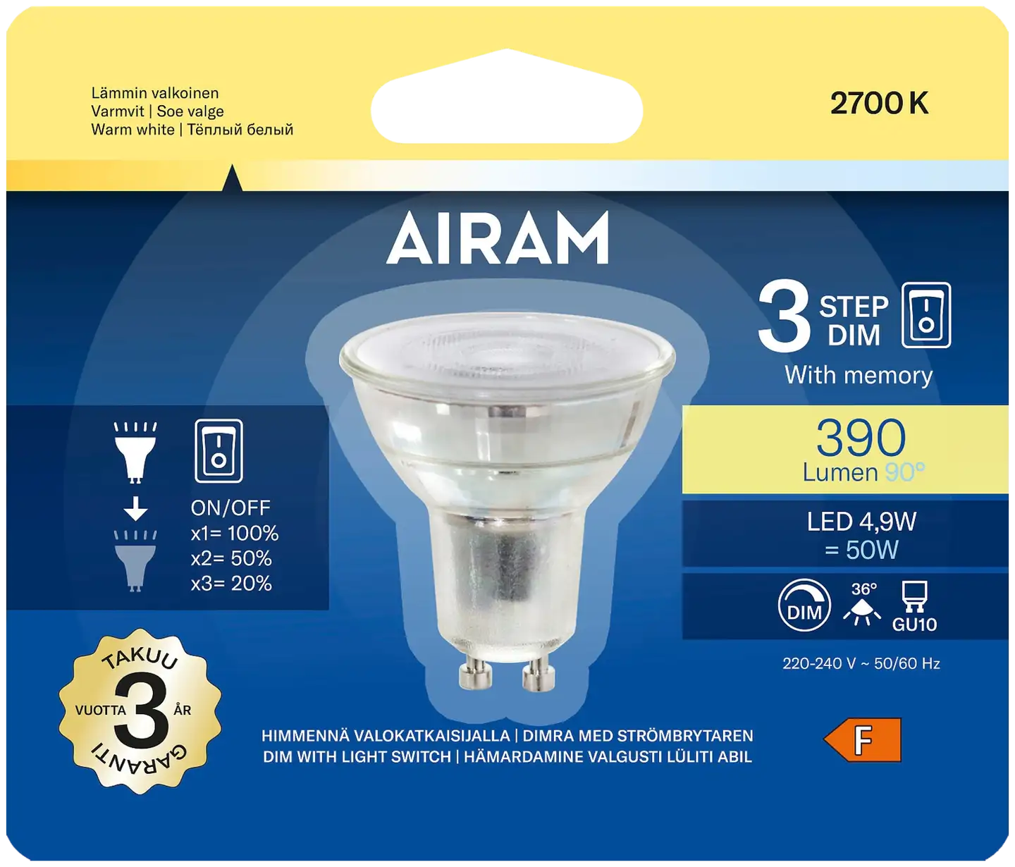 Airam LED PAR16 3-Step himmennys 5W GU10 - 2