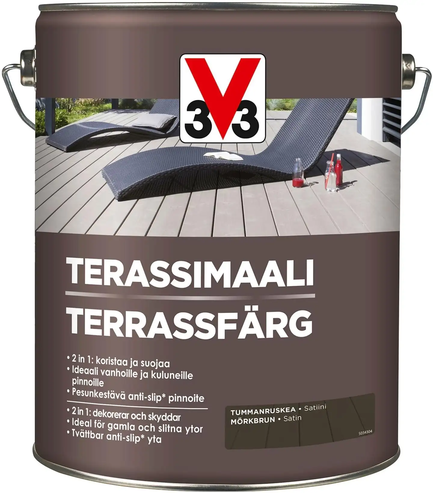 V33 5l terassimaali puulle vesiohenteinen tummanruskea