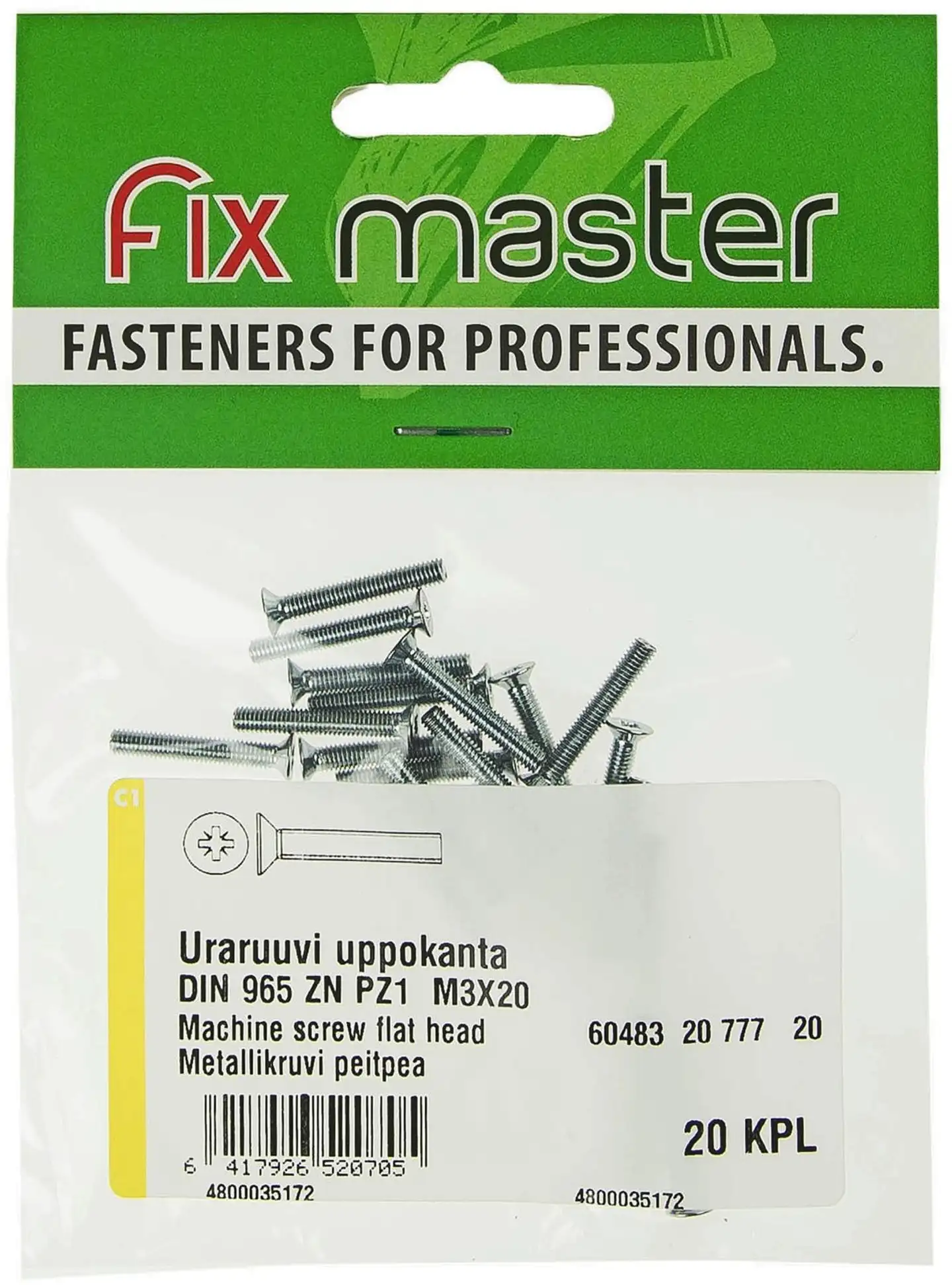 Fix Master uraruuvi uppokanta PZ1 M3X20 sinkitty 20kpl