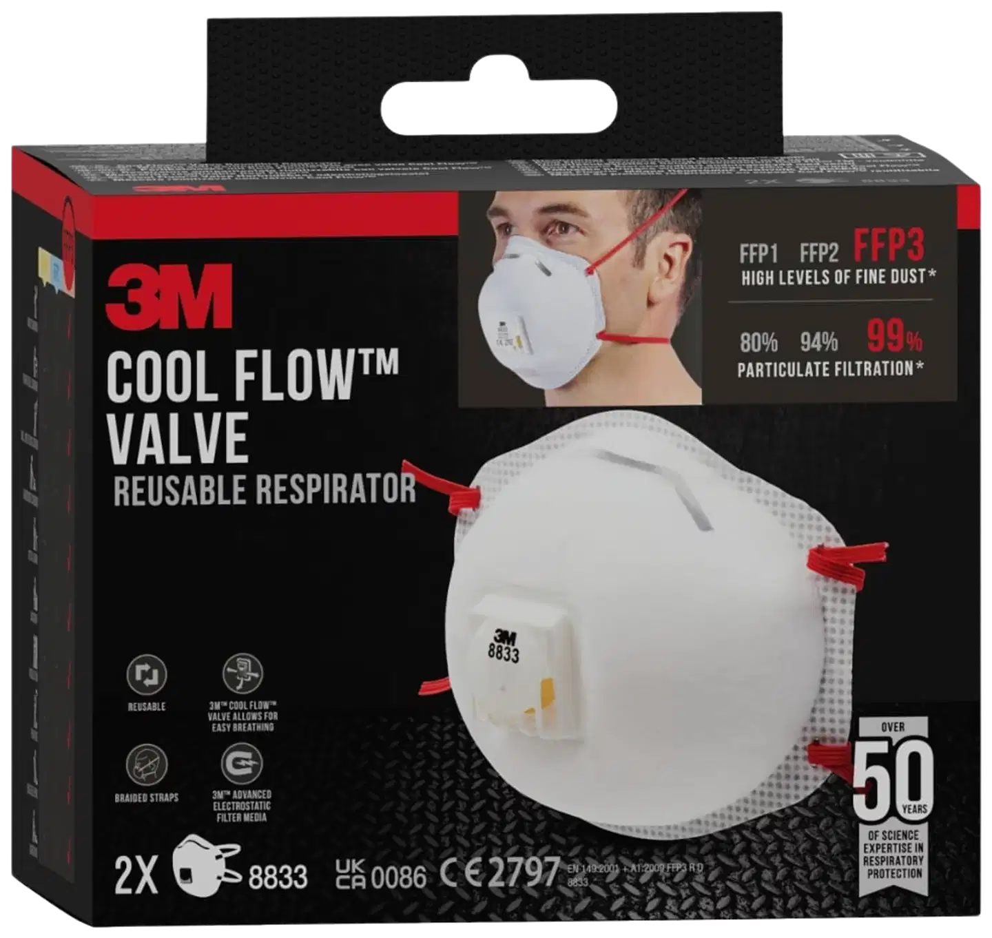 3M™ Cool Flow™ hiukkassuojain 8833, FFP3, venttiili, 2 kpl/pakkaus - 3