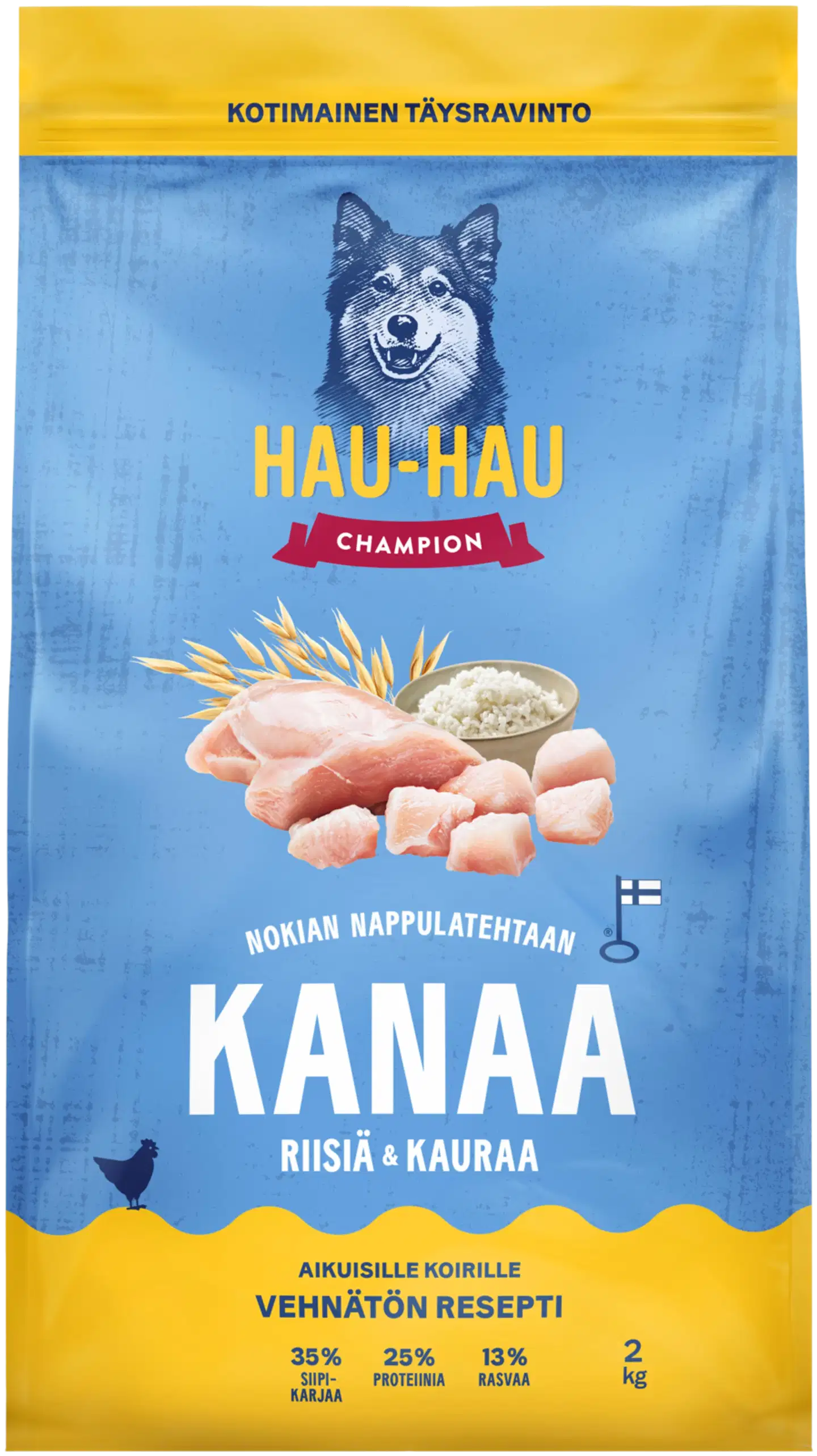 Hau-Hau Champion Nokian Nappulatehtaan Kanaa, riisiä & kauraa täysravinto aikuisille koirille 2 kg