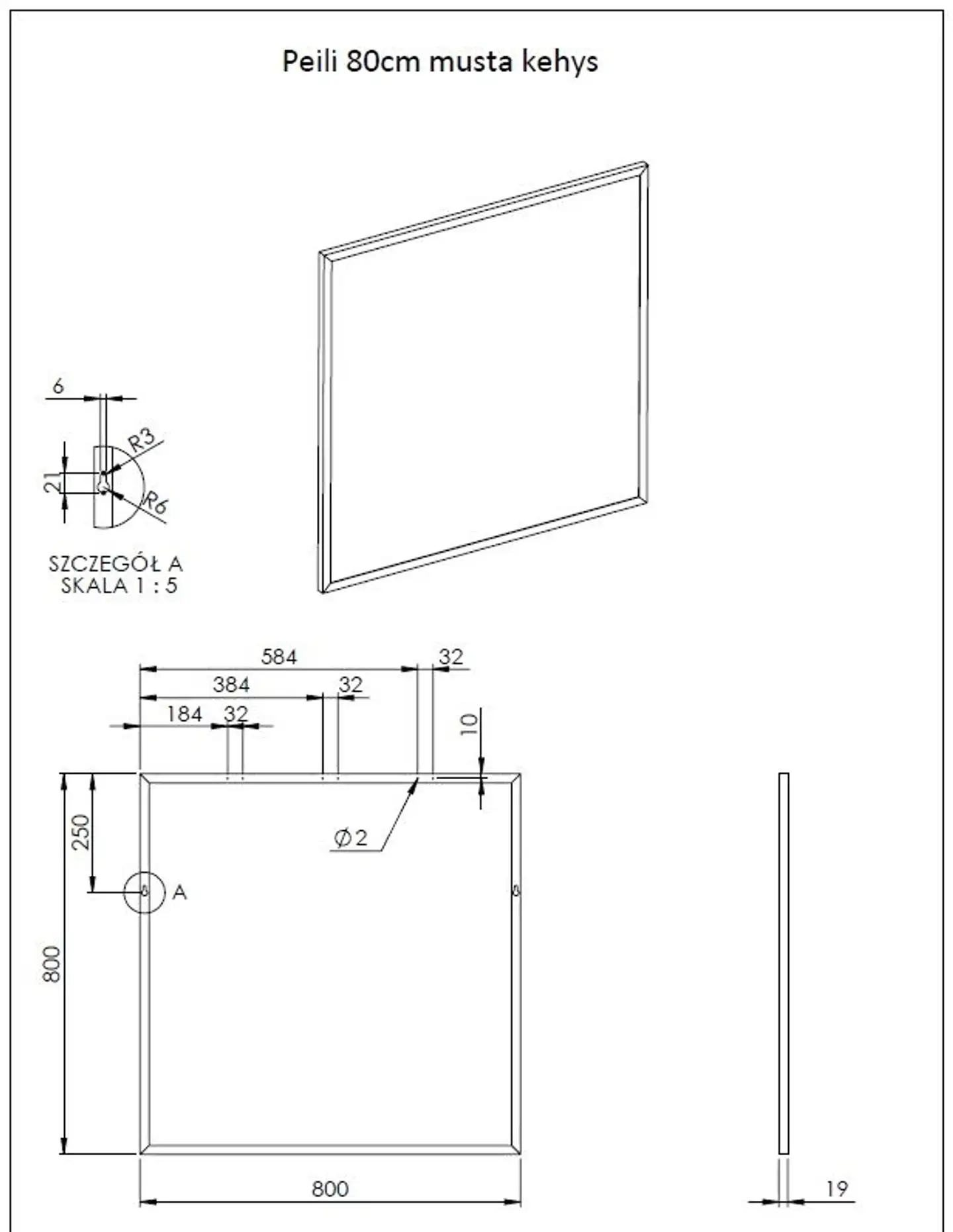 Kehyspeili musta 80cm (Kalla) - 2