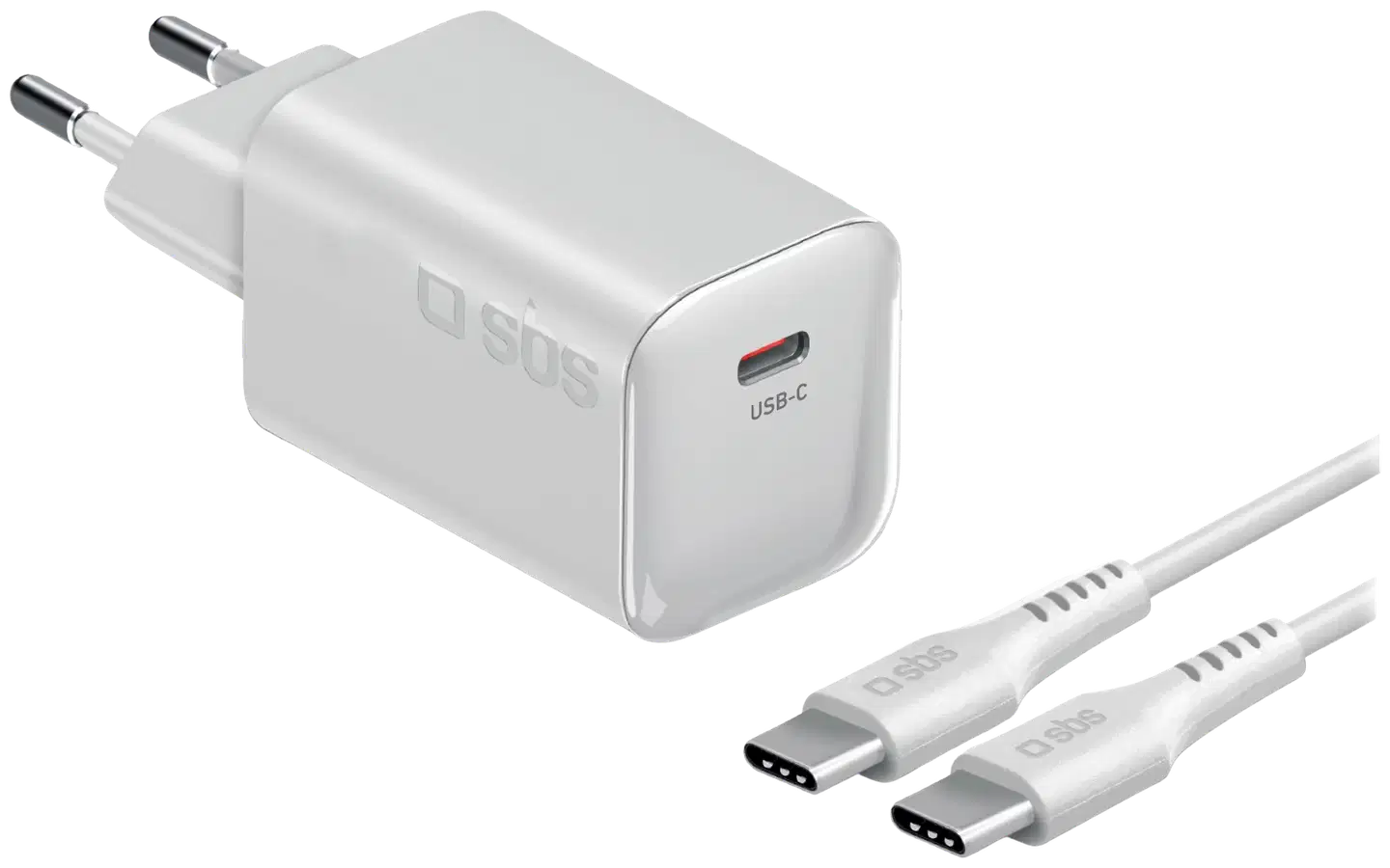 SBS GaN mini -seinälaturipaketti, USB‑C PD70W + USB‑C 60W kaapeli 2 m, valkoinen - 1