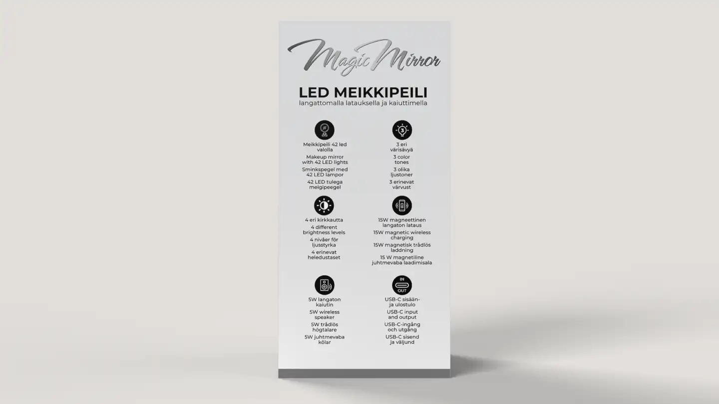 Waltter Magic Mirror LED meikkipeili langattomalla latauksella ja kaiuttimella hopea - 4