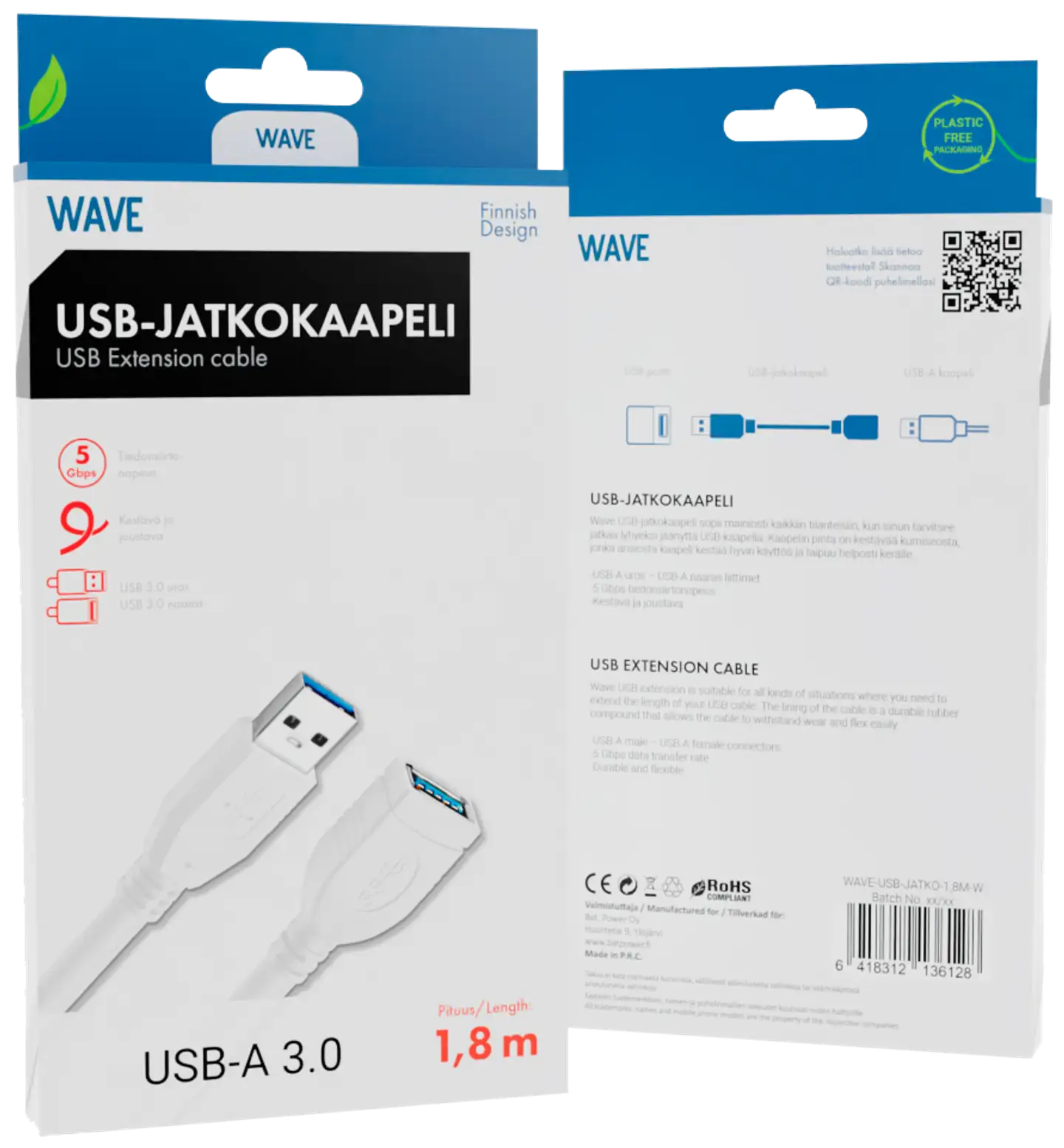 Wave USB3.0 (USB-A uros - USB-A naaras) jatkokaapeli, 1,8m, Valkoinen - 2