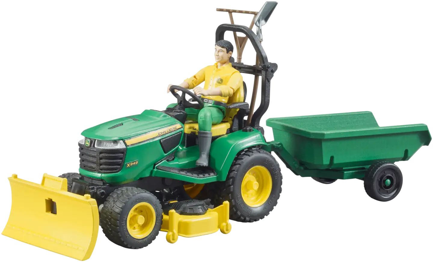 Bruder lelu bworld John Deere puutarhatraktori perävaunulla ja puutarhurilla