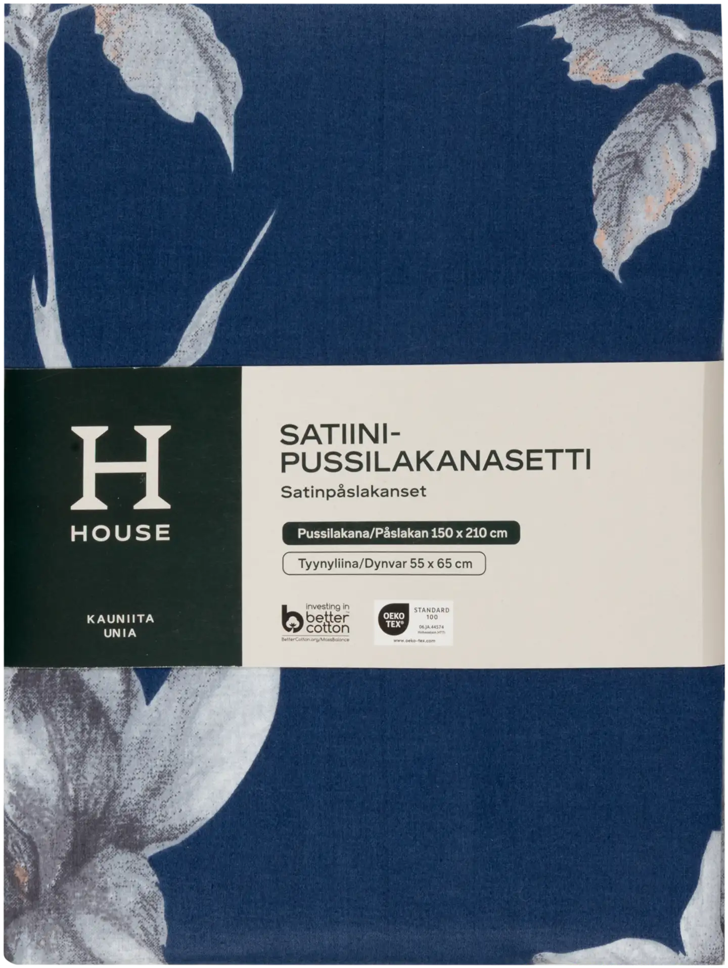 House satiinipussilakanasetti Blomster 150 x 210 + 55 x 65 cm tummansininen - 2
