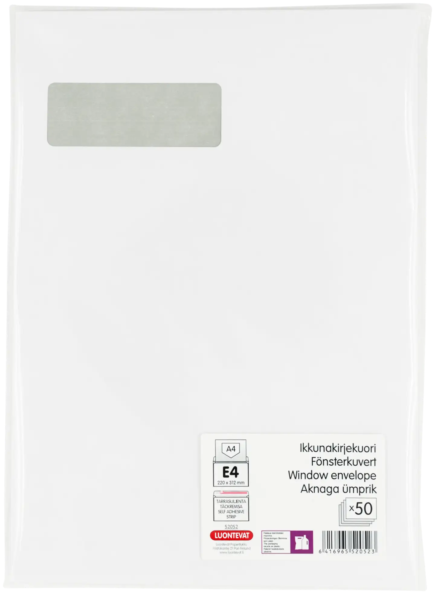 Luontevat ikkunakirjekuori E4 50 kpl valkoinen tarrasuljenta vakioikkkuna 95x35 mm - 1